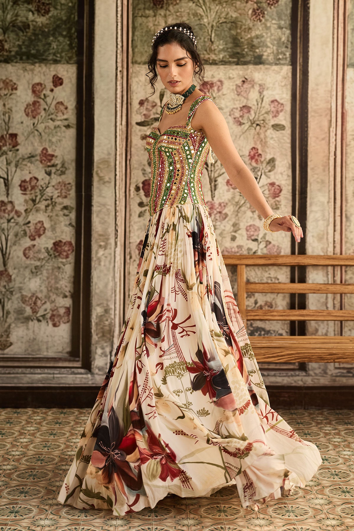 Sanchi in Ivory Floral Printed Lehenga Set