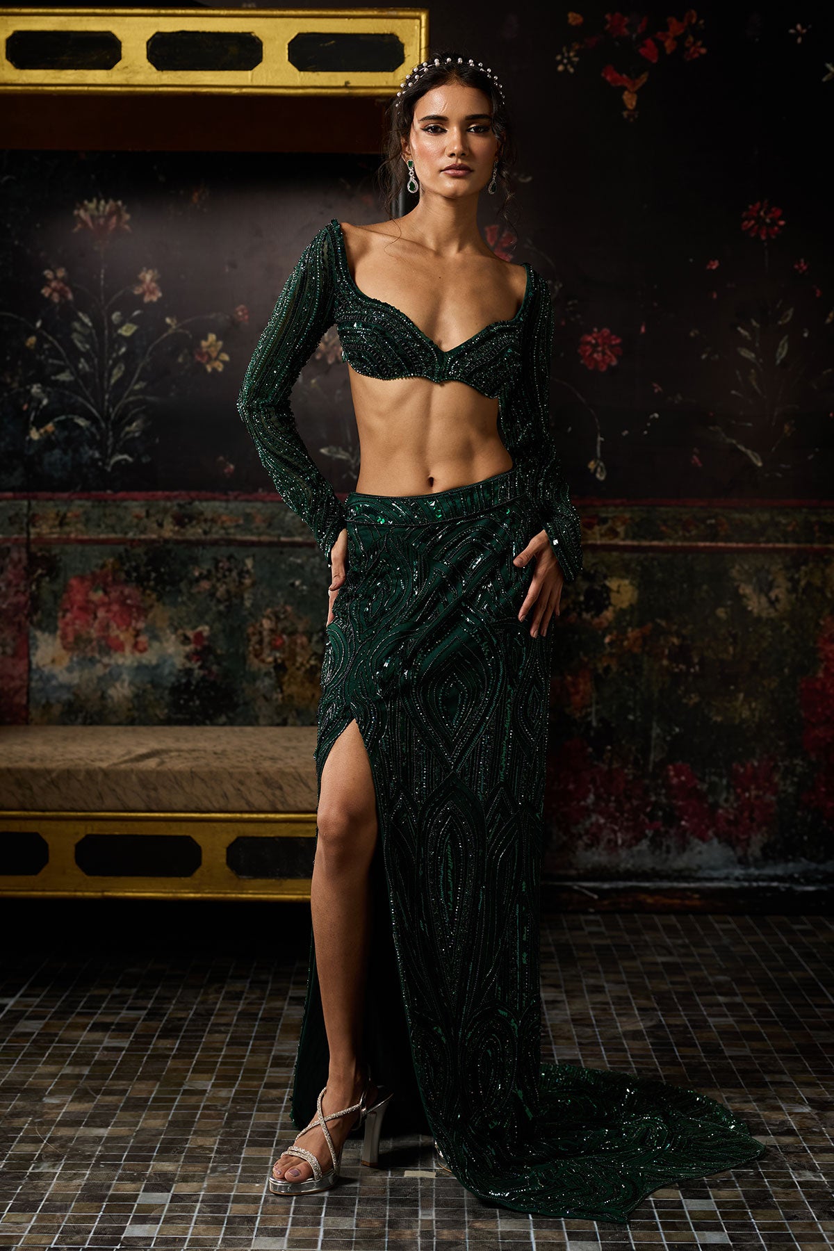 Malika Arora in Emerald Green Embellished Slit Skirt Set