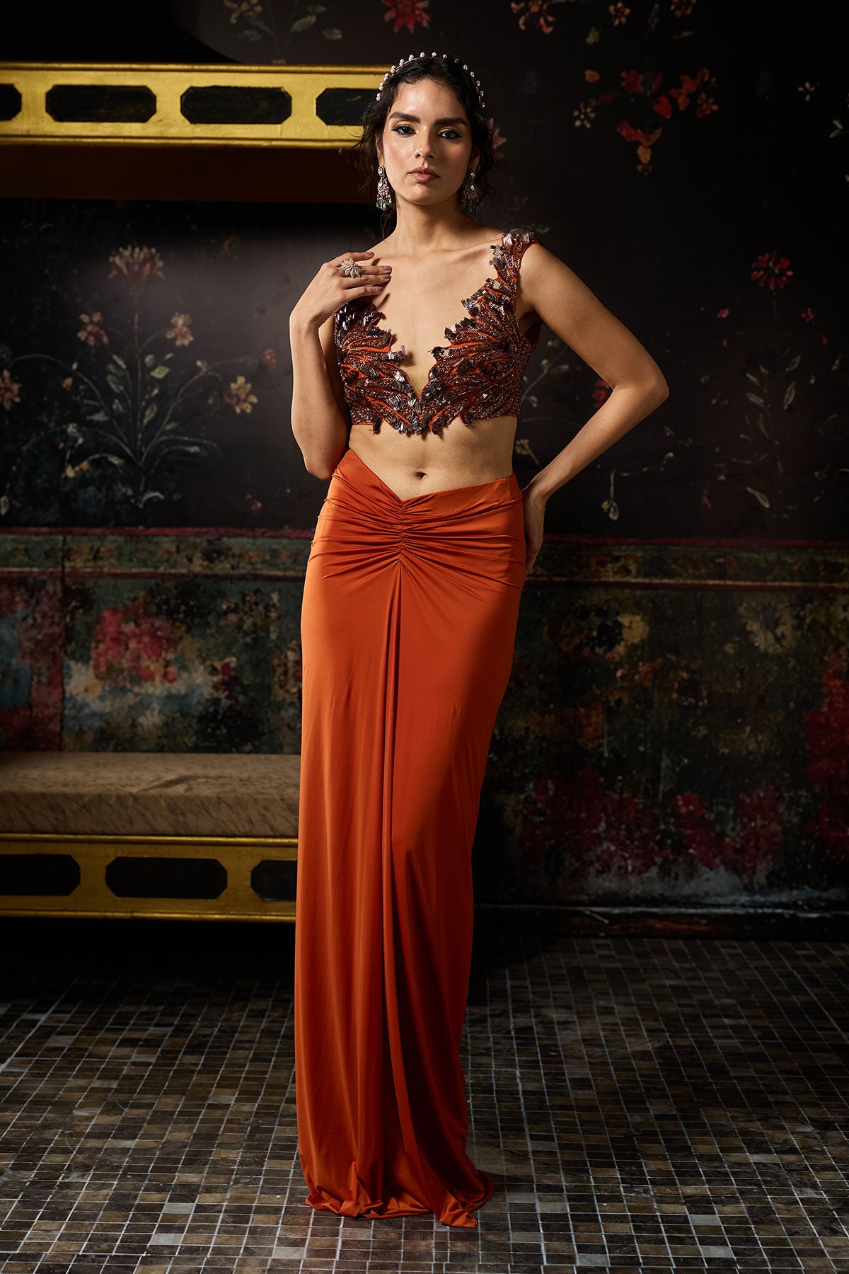 Rust Cutwork Blouse With Draped Skirt Set