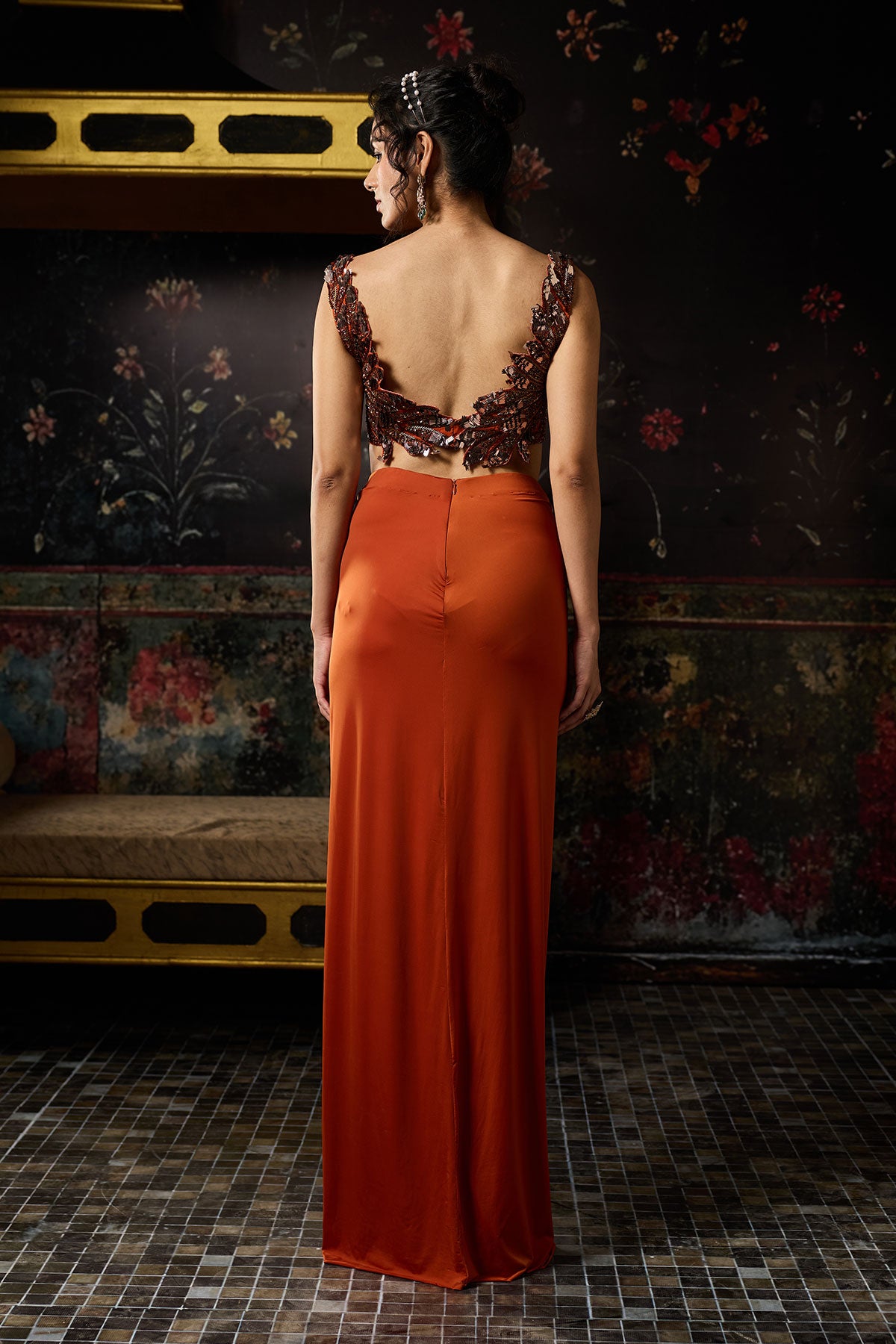 Rust Cutwork Blouse With Draped Skirt Set