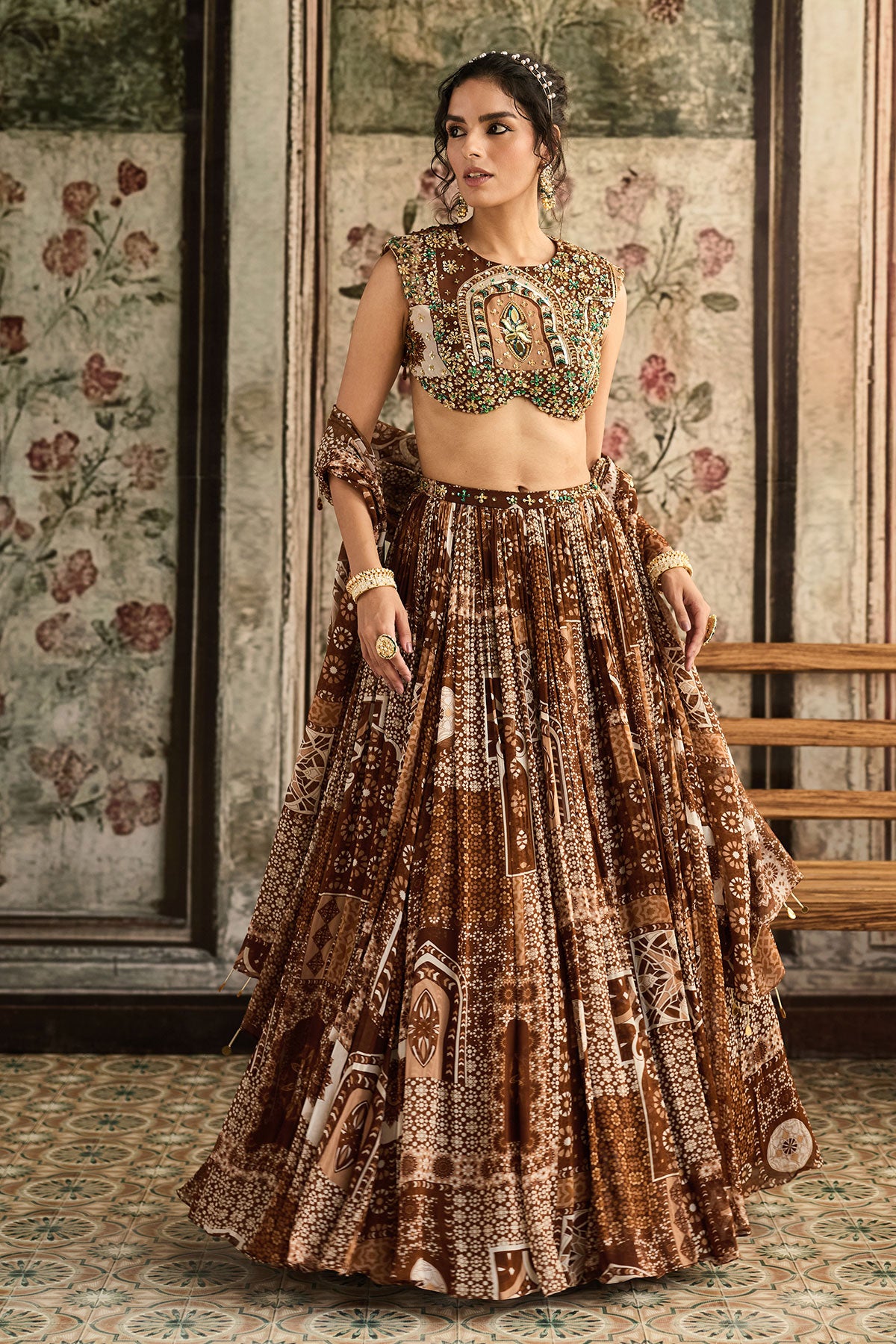 Caramel Print And Highlighted Blouse And Lehenga Set