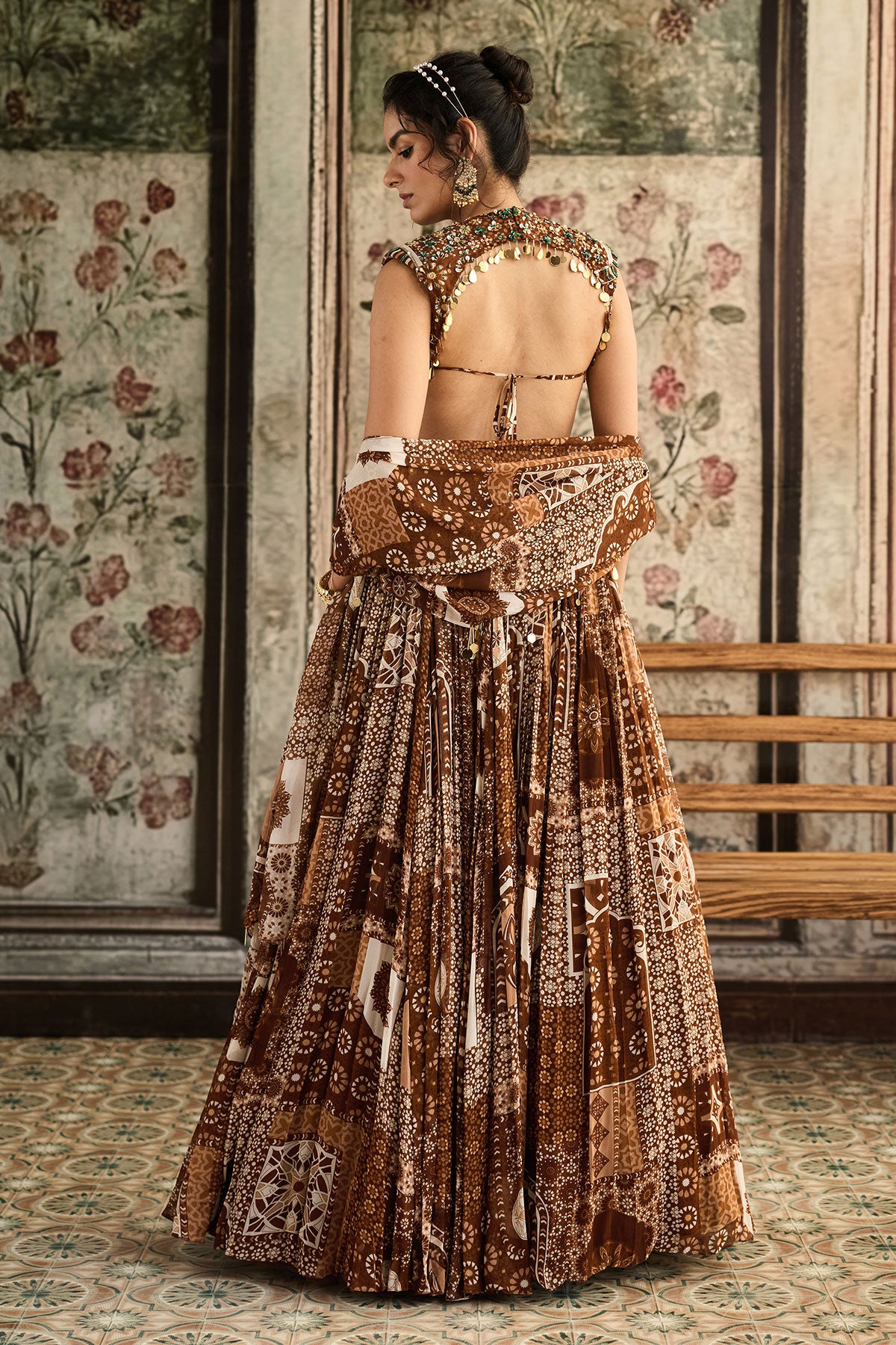 Caramel Print And Highlighted Blouse And Lehenga Set