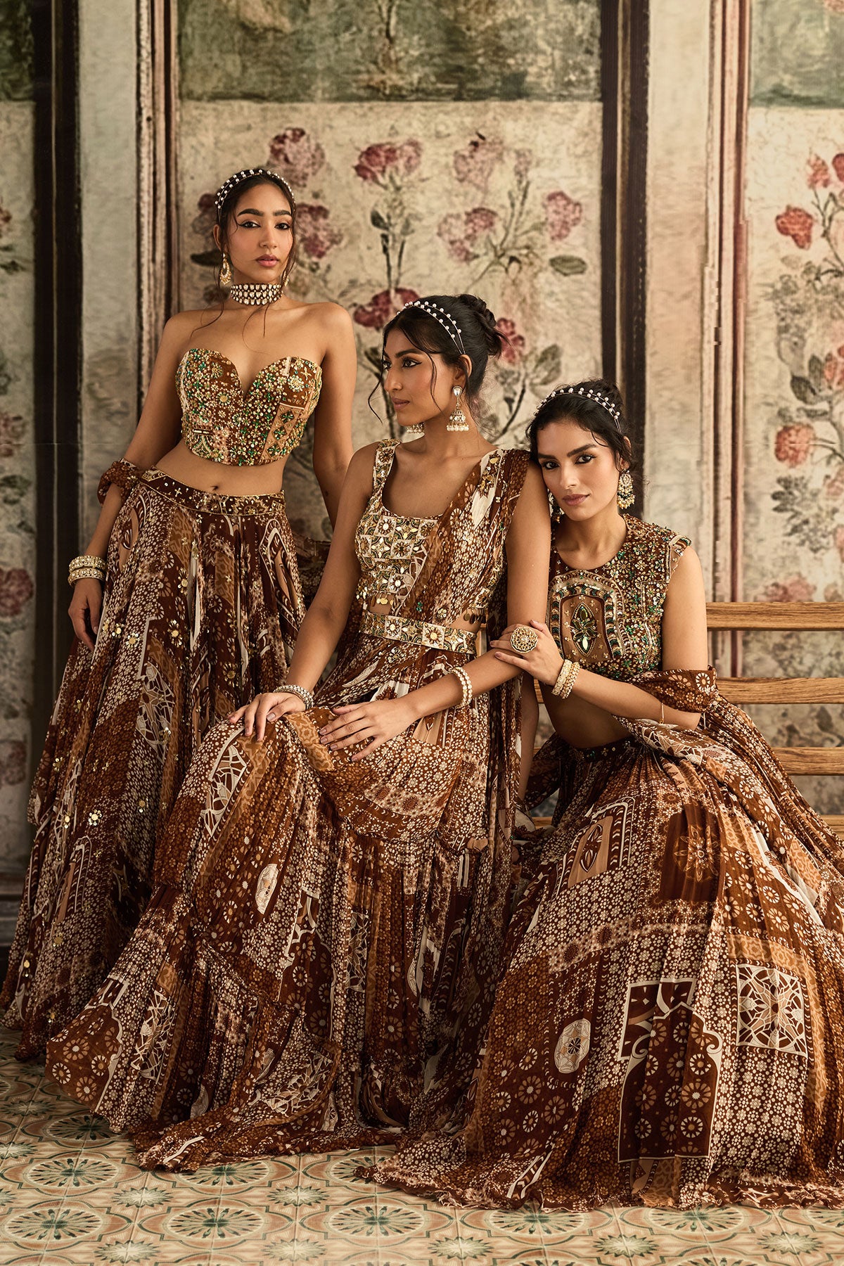 Caramel Print And Highlighted Corset Top With Lehenga Set