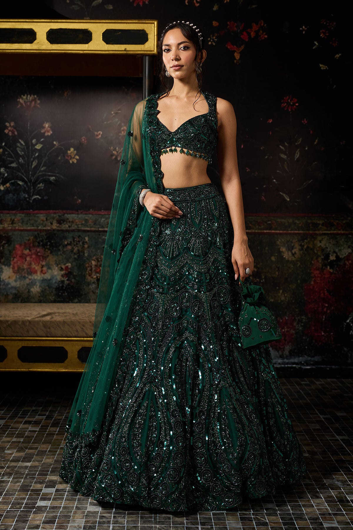 Emerald Green Embellished Lehenga Set