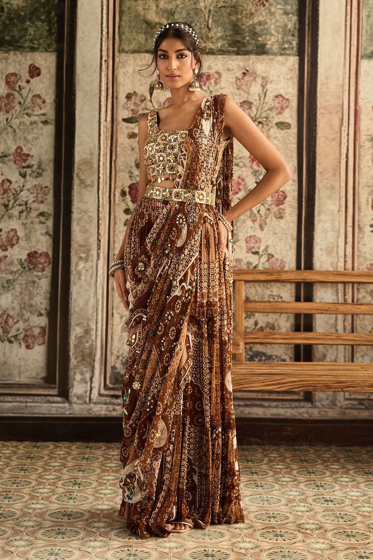 Ivory Butta Print And Highlighted Square Neck Blouse With Caramel Print And Highlighted Tiered Skirt Saree Set