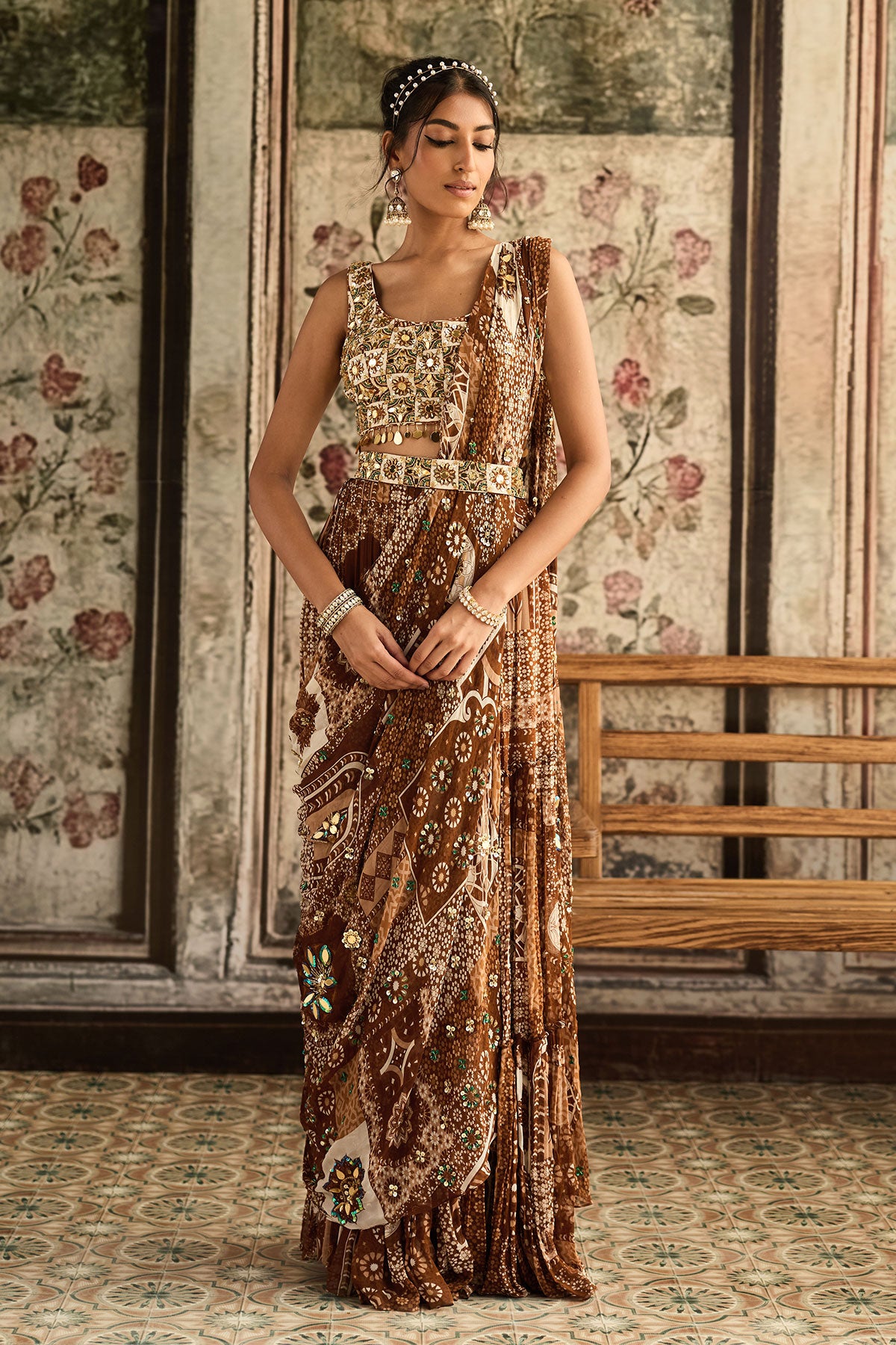 Ivory Butta Print And Highlighted Square Neck Blouse With Caramel Print And Highlighted Tiered Skirt Saree Set
