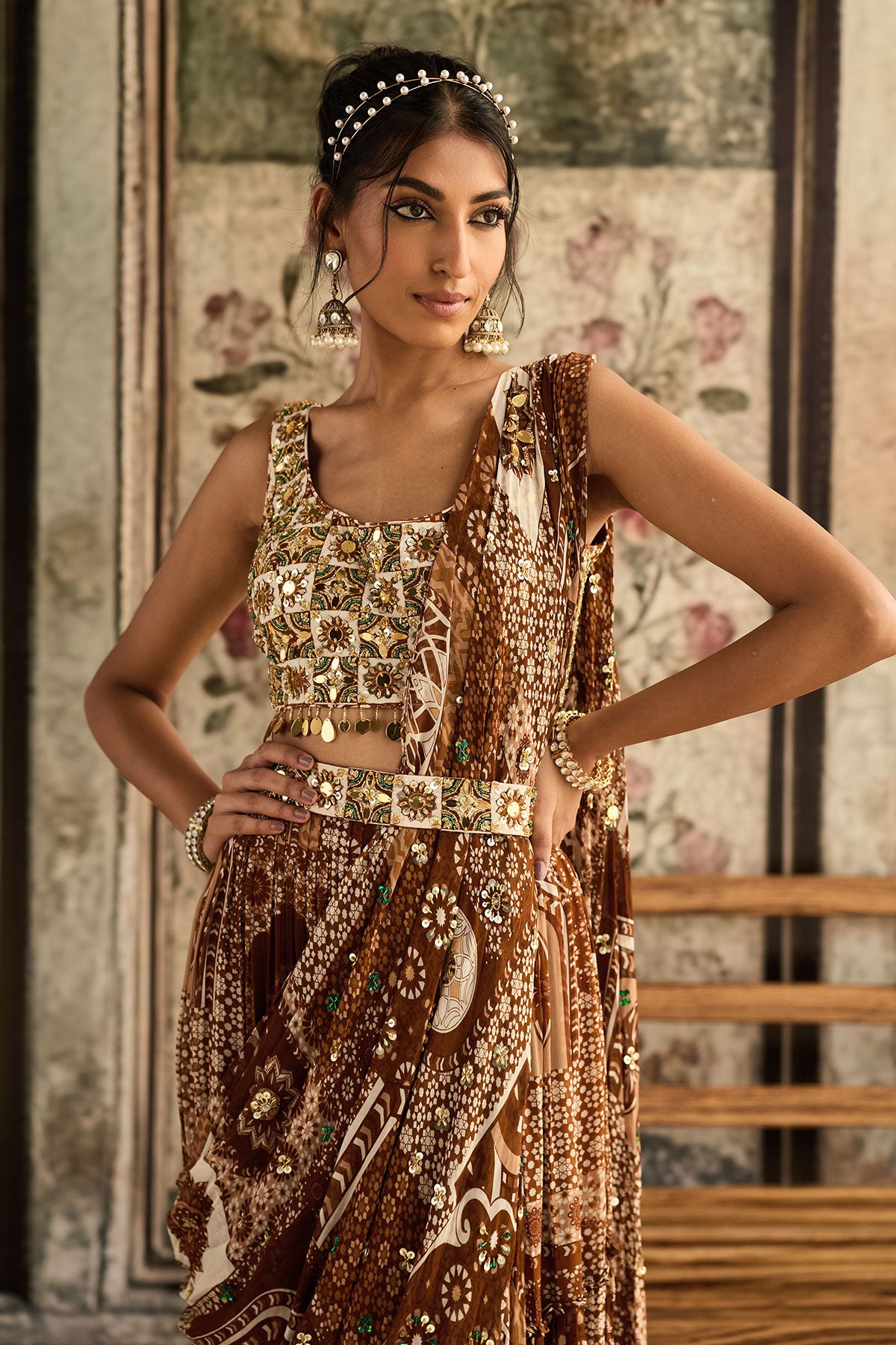 Ivory Butta Print And Highlighted Square Neck Blouse With Caramel Print And Highlighted Tiered Skirt Saree Set