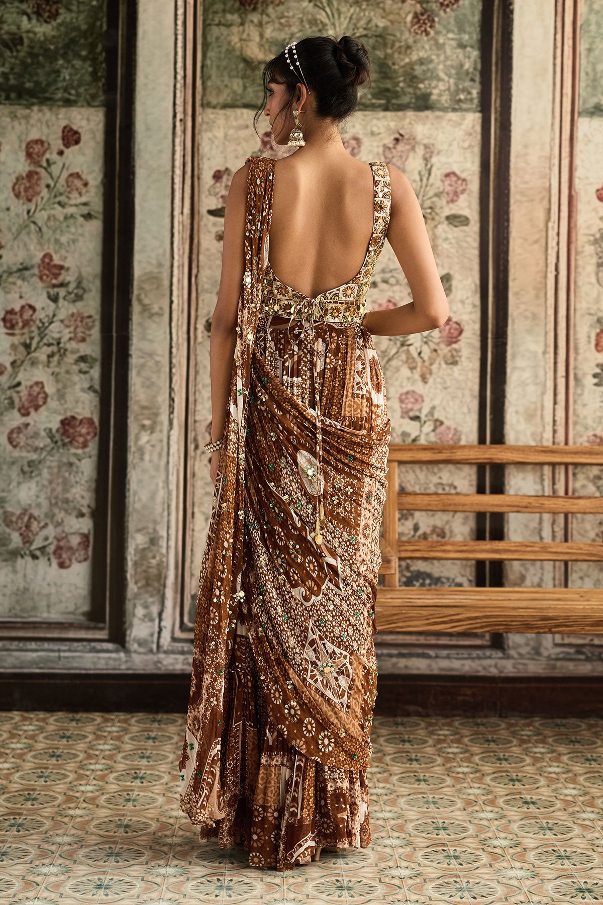 Ivory Butta Print And Highlighted Square Neck Blouse With Caramel Print And Highlighted Tiered Skirt Saree Set