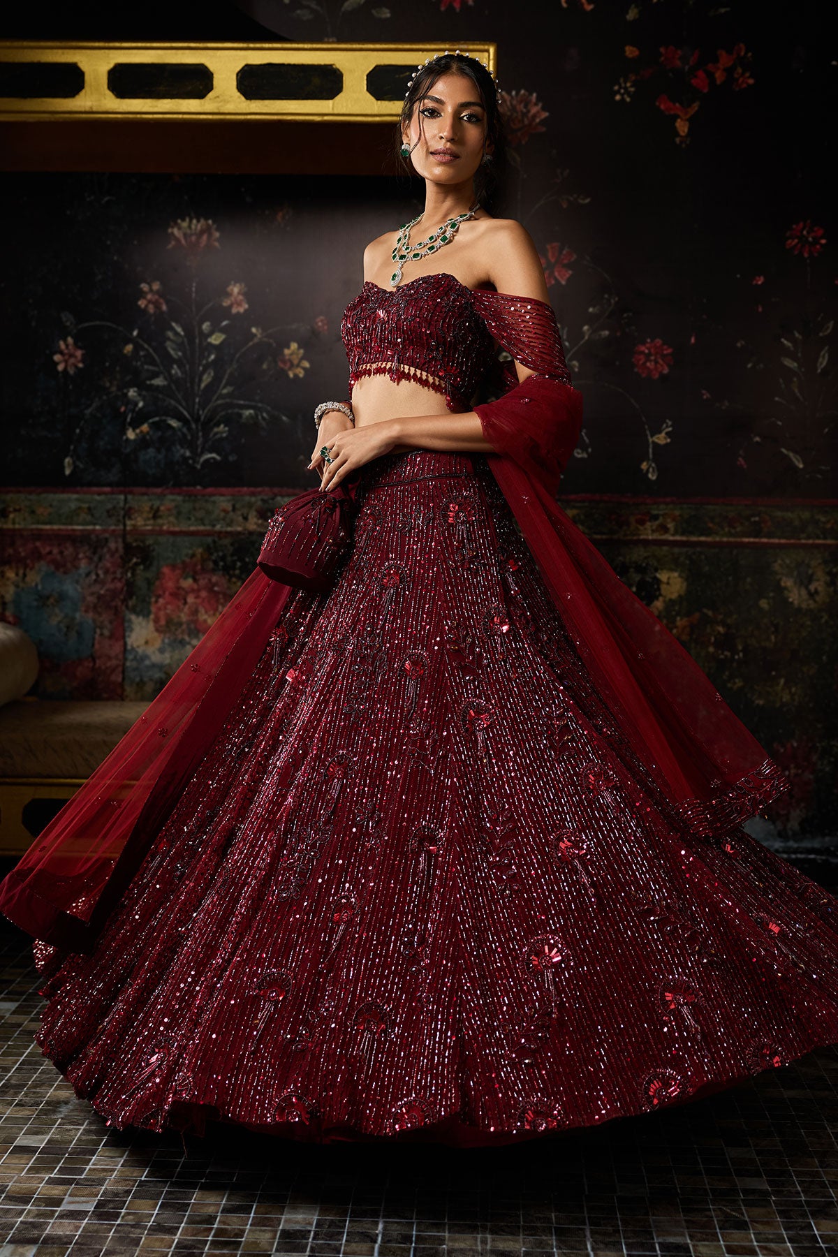 Maroon Embellished 3D Floral Lehenga Set