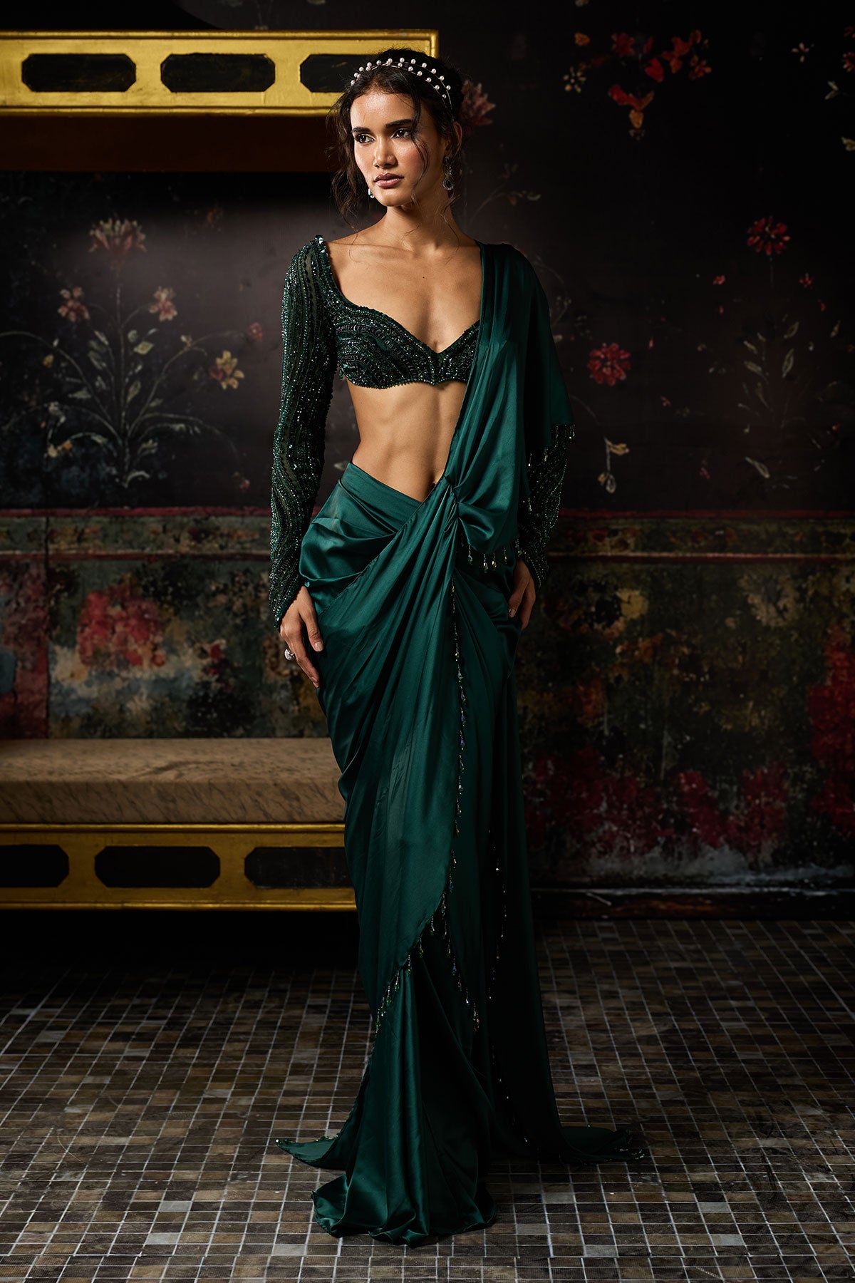 Emerald Green Embellished Dhoti Skirt Saree Set