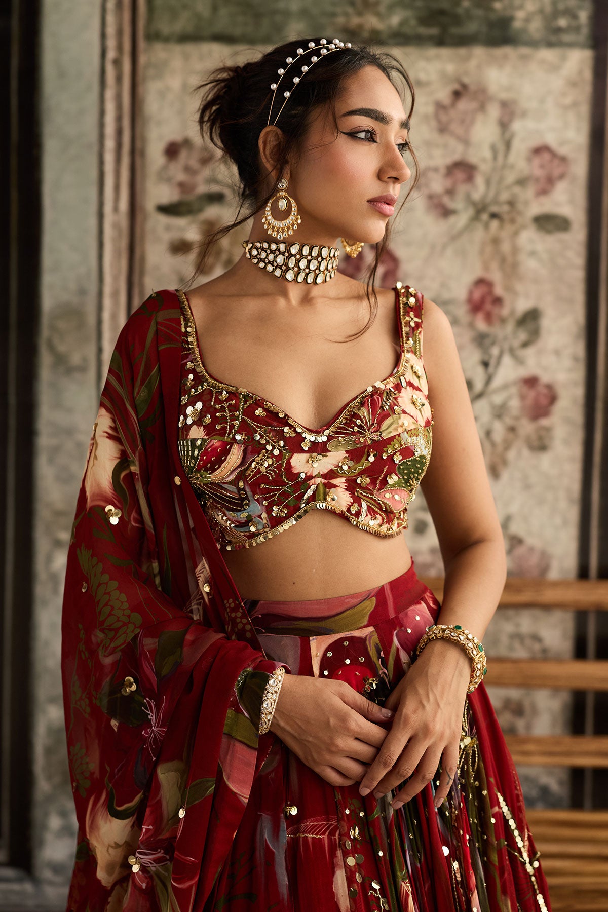 Red Floral Print And Highlighted Lehenga Set