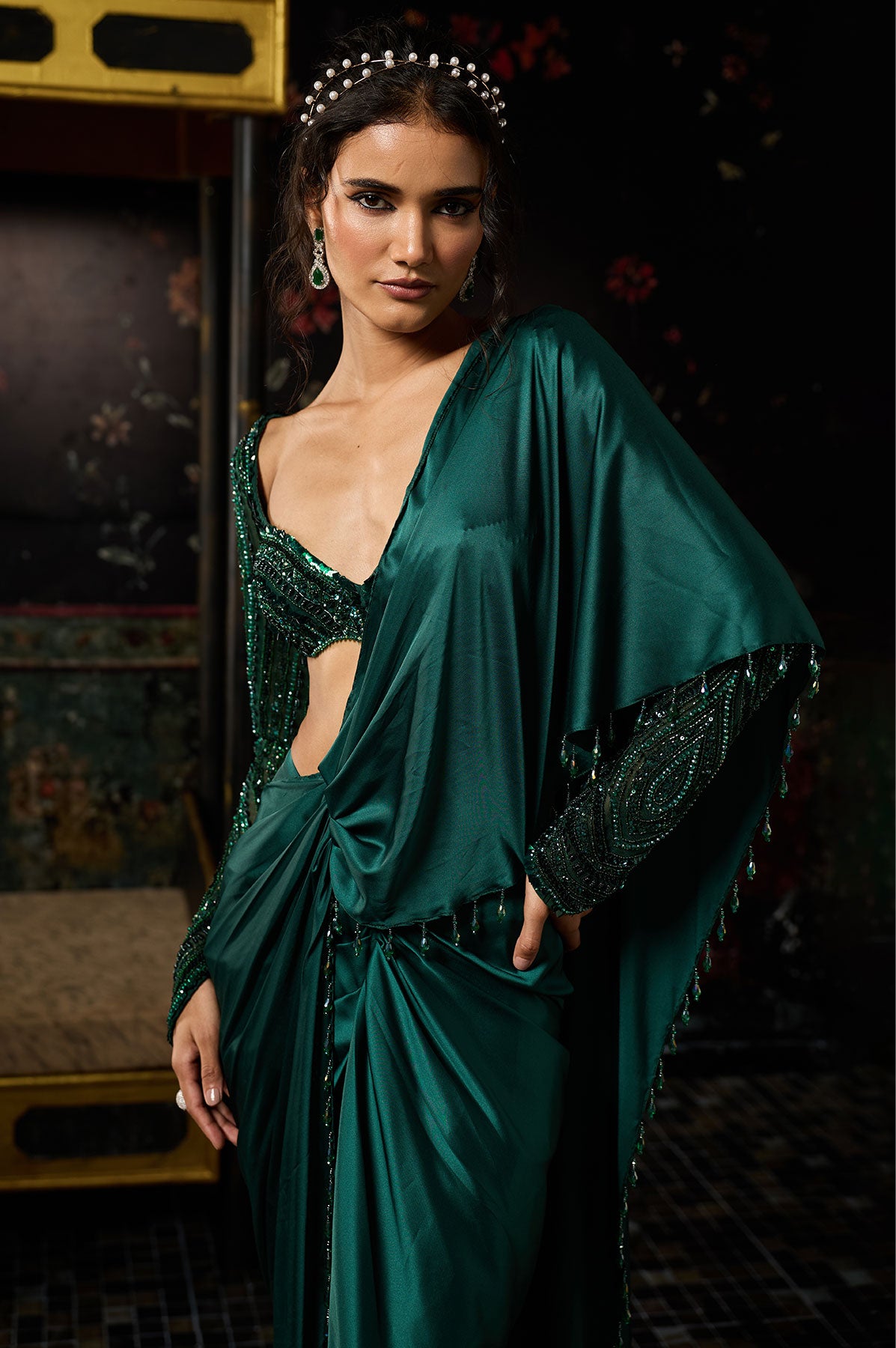 Emerald Green Embellished Dhoti Skirt Saree Set