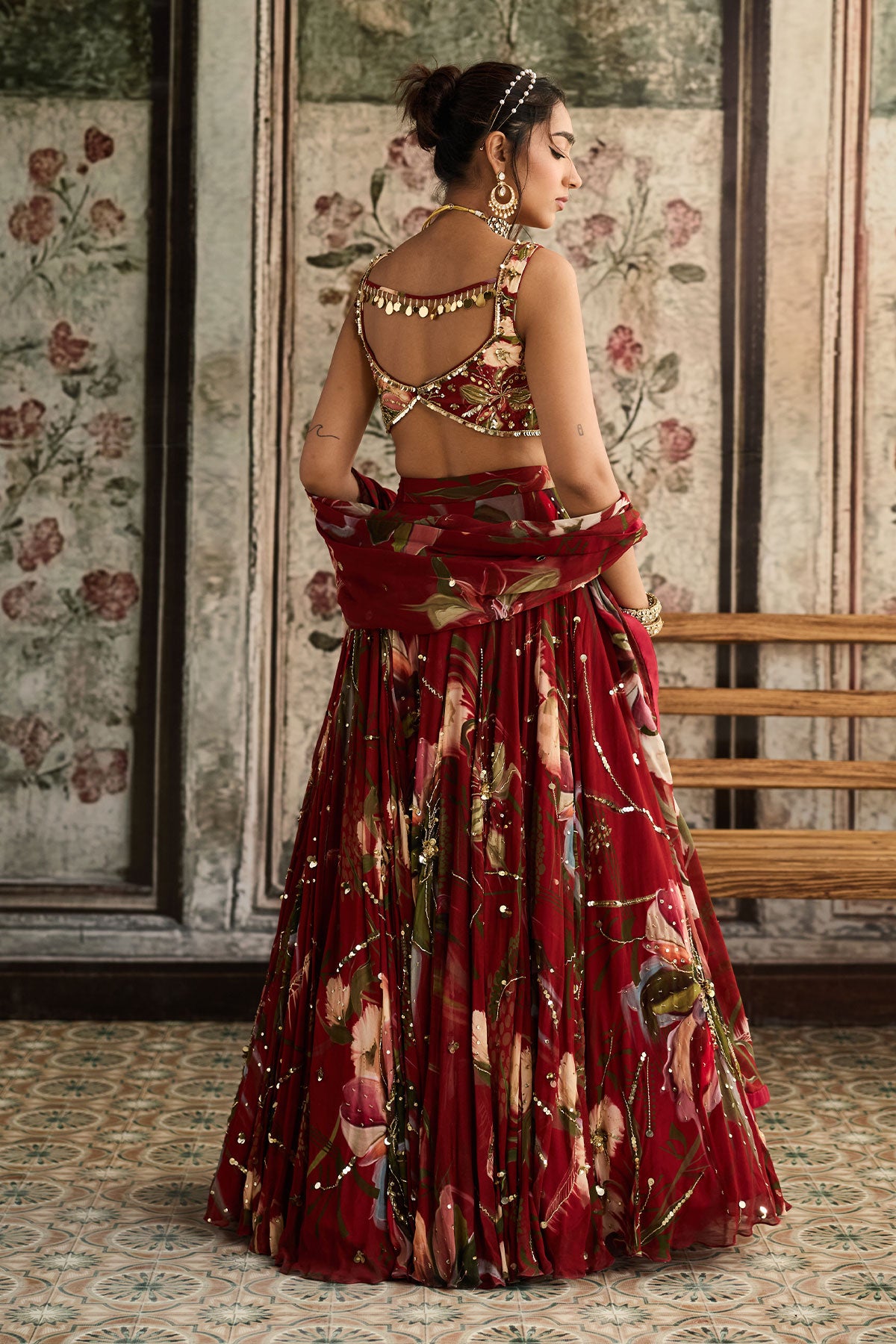 Red Floral Print And Highlighted Lehenga Set