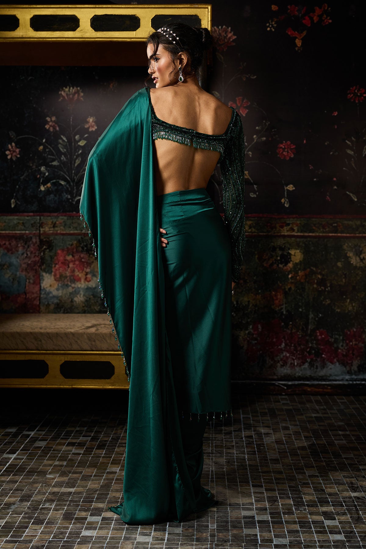 Emerald Green Embellished Dhoti Skirt Saree Set