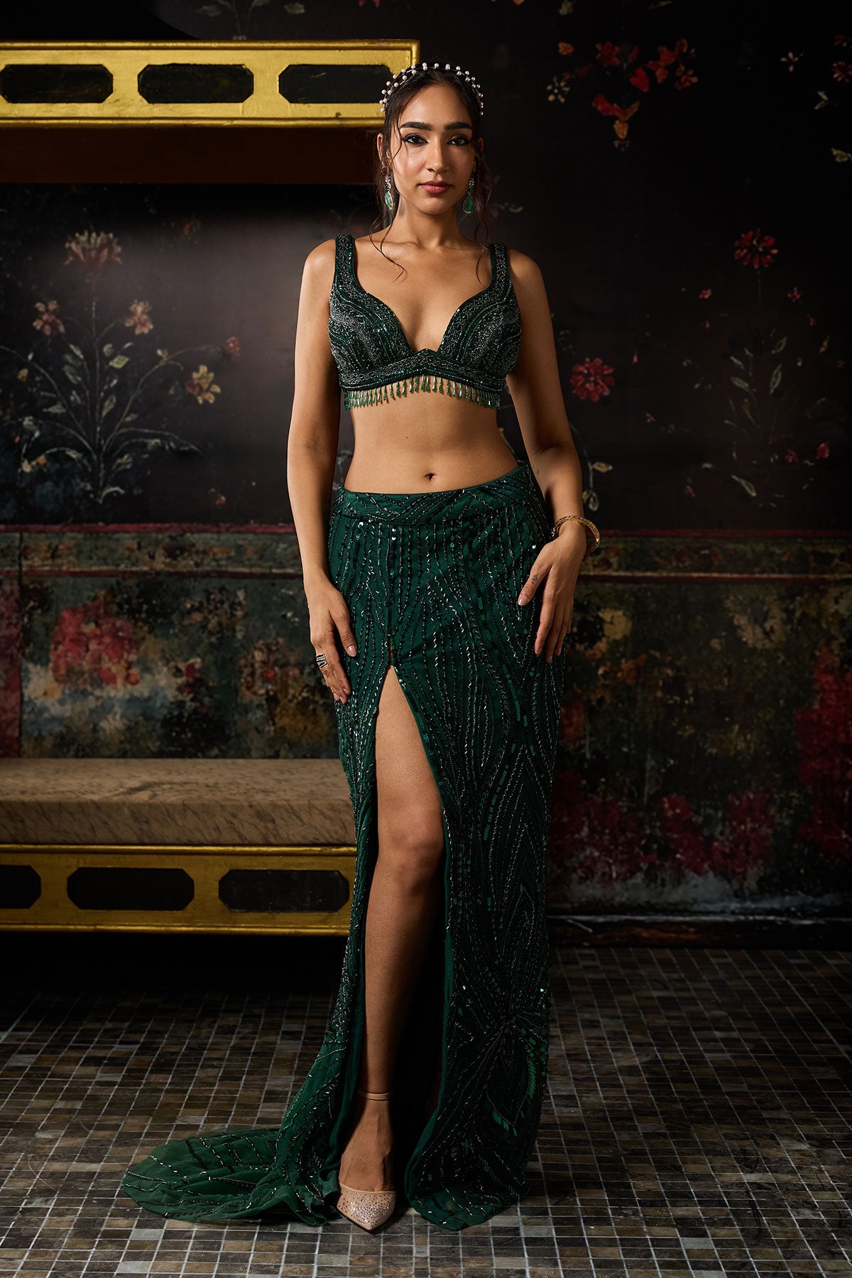 Emerald Green Embellished Trail Slit Skirt Set