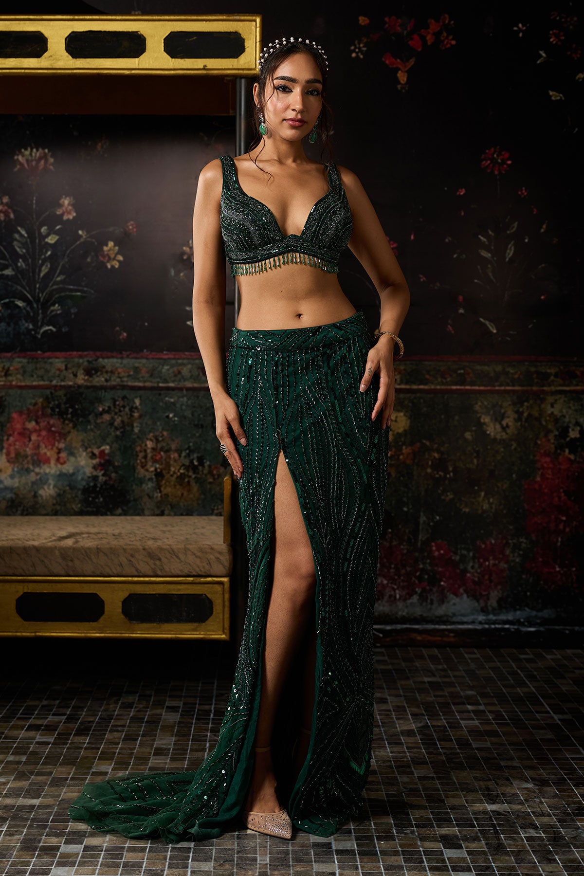 Emerald Green Embellished Trail Slit Skirt Set
