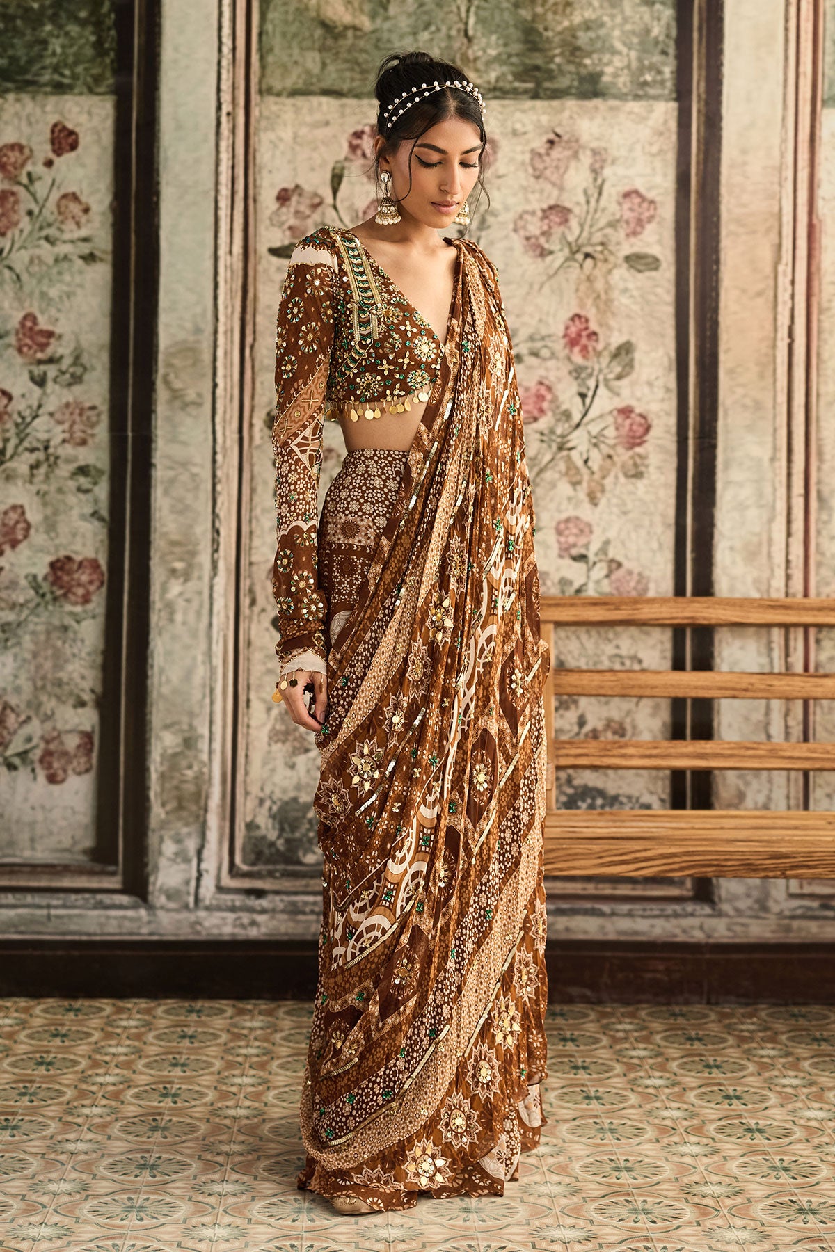 Caramel Print And Highlighted Plunge Neck Blouse With Sharara Saree Set