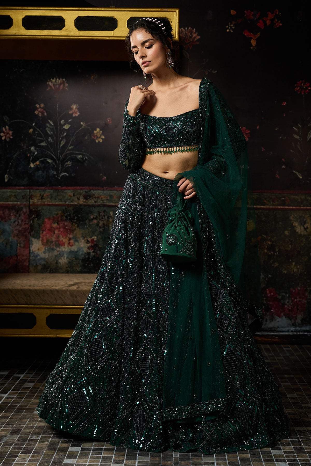 Emerald Green Embellished Lehenga Set