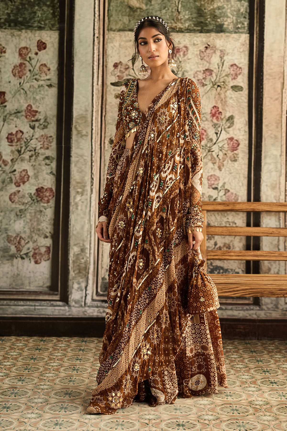Caramel Print And Highlighted Plunge Neck Blouse With Sharara Saree Set