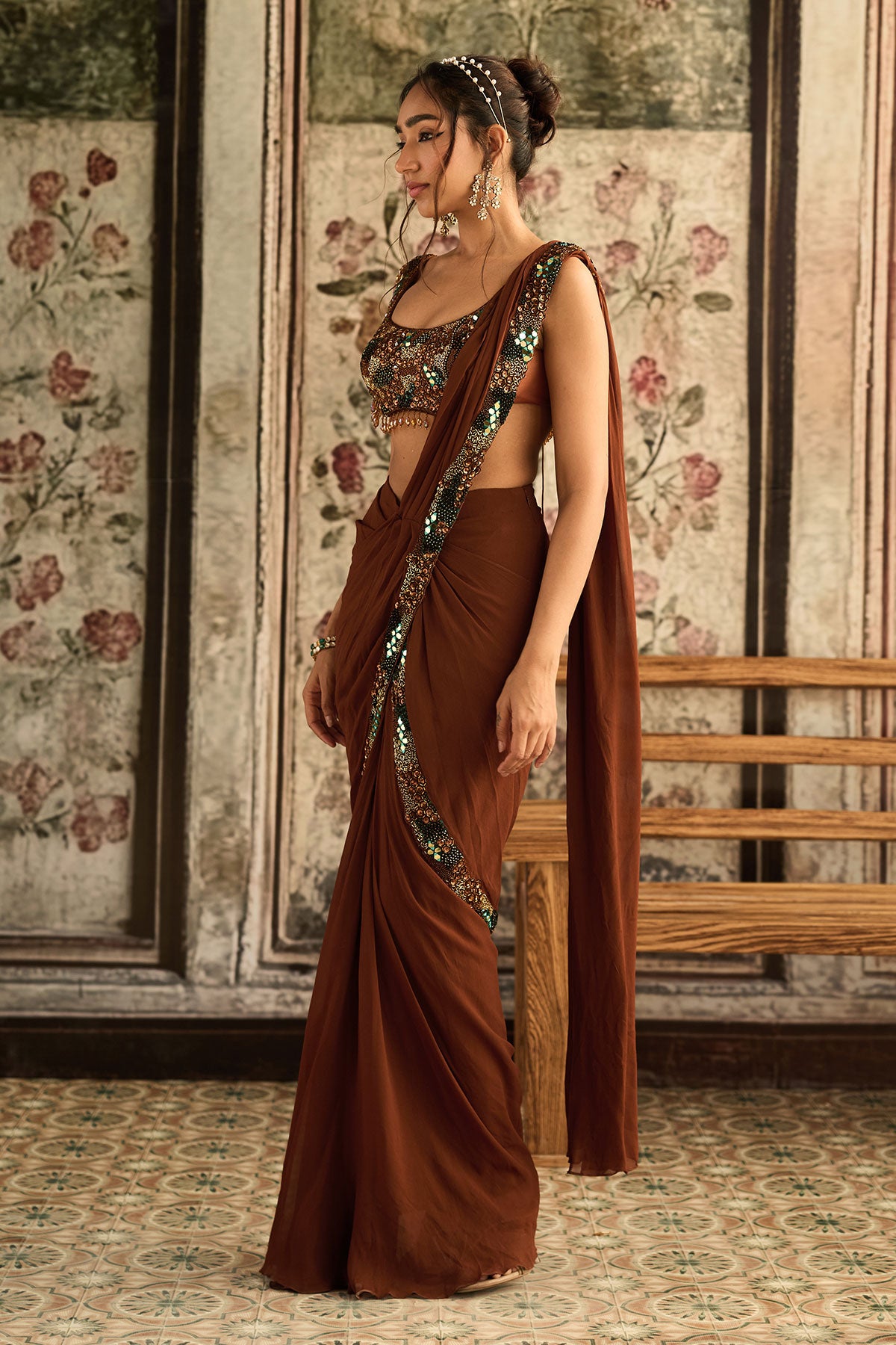 Caramel Embroidered Pre-Draped Saree Set