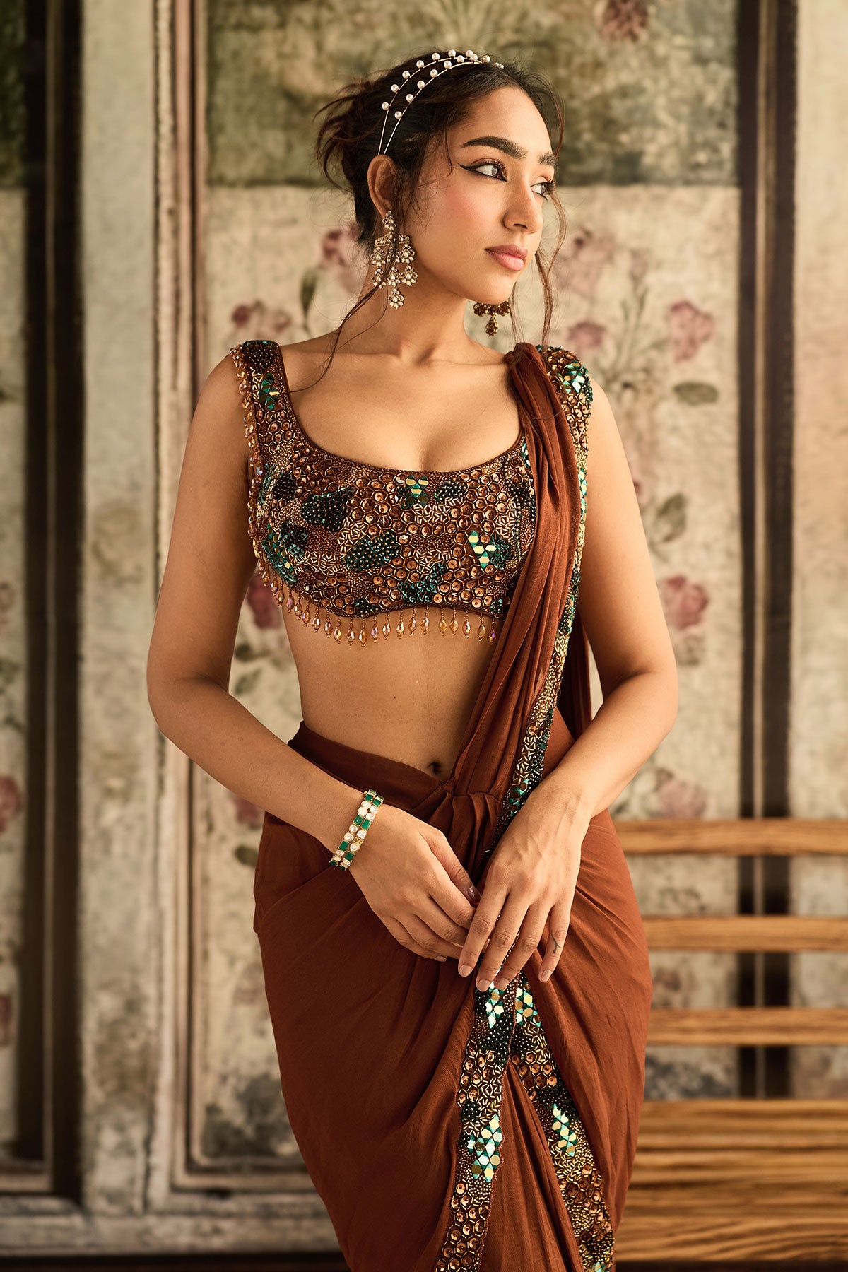 Caramel Embroidered Pre-Draped Saree Set
