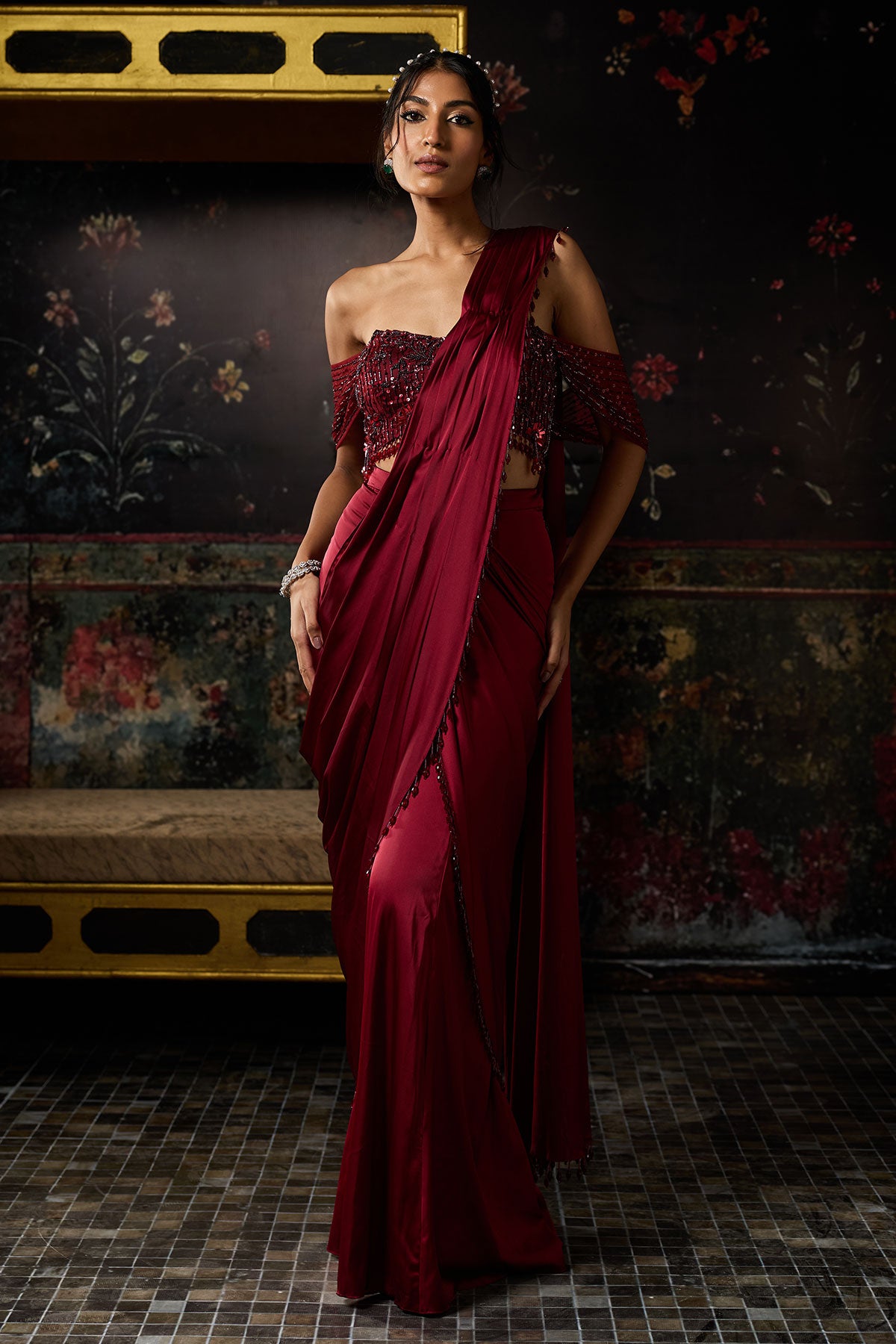 Maroon Embellished Sharara Saree Set