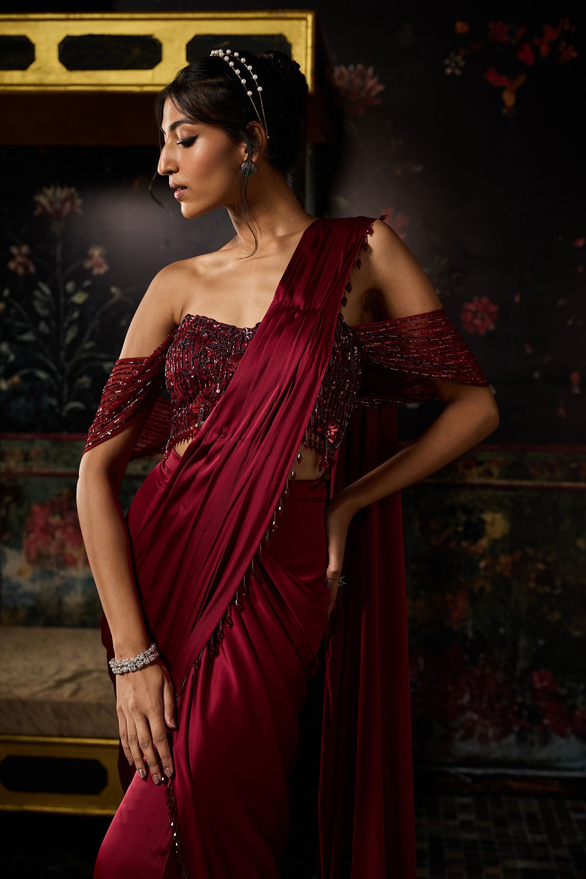Maroon Embellished Sharara Saree Set