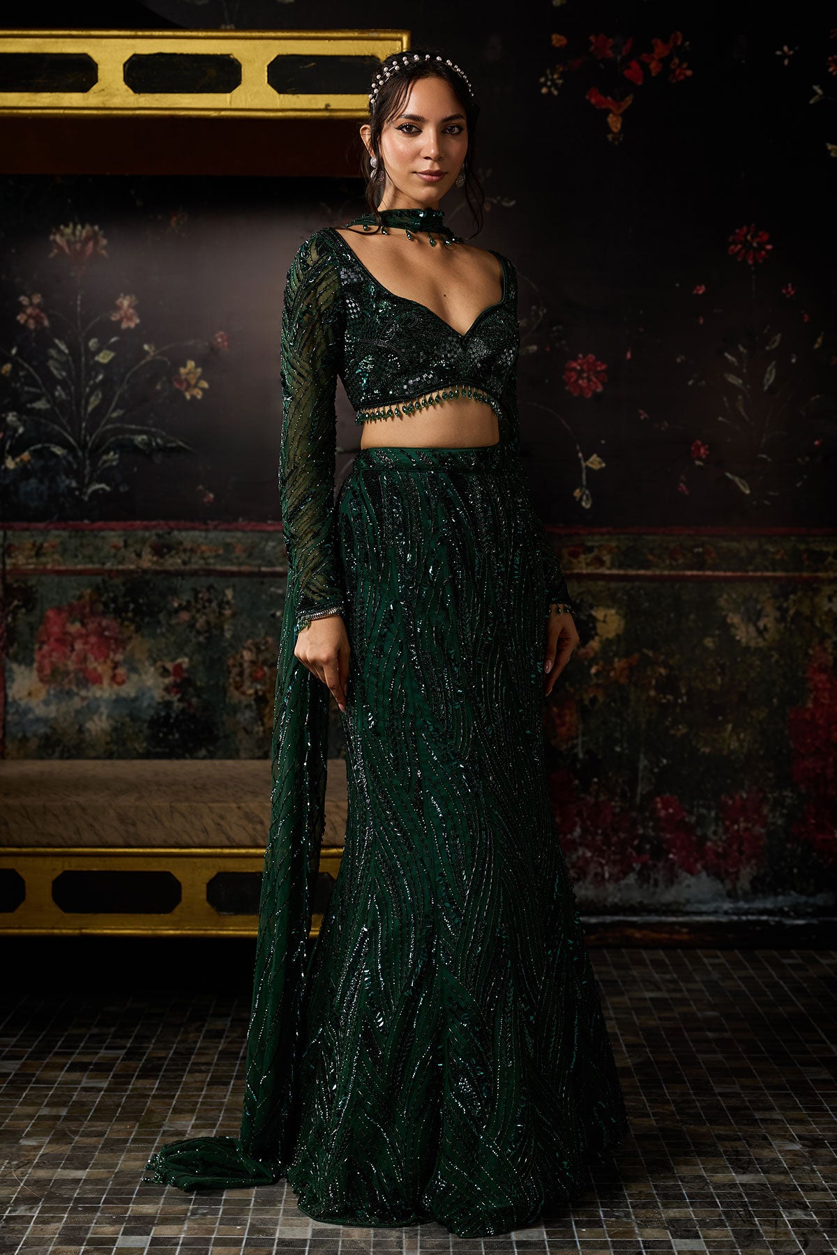 Emerald Green Embellished Mermaid Skirt Set