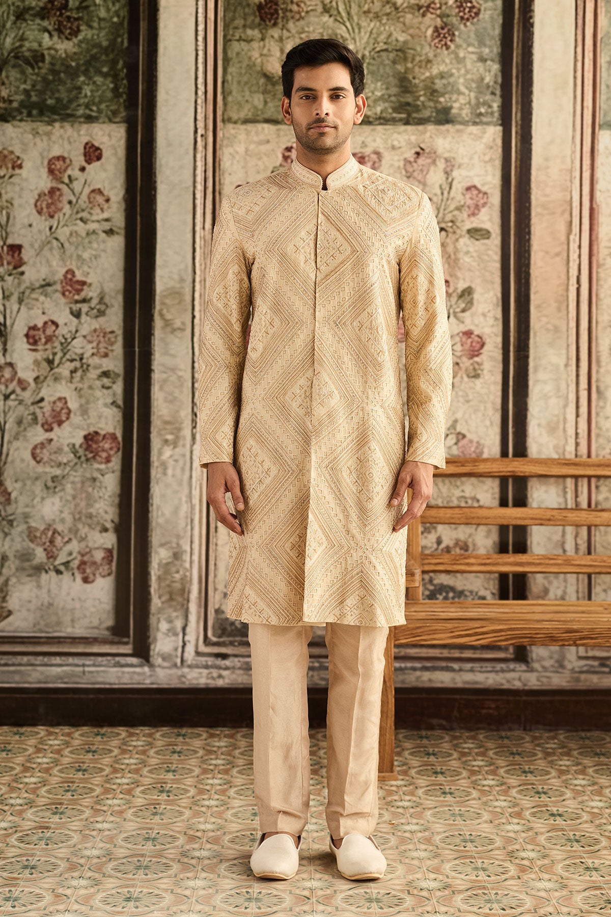 Beige Embroidered Jacket & Pants