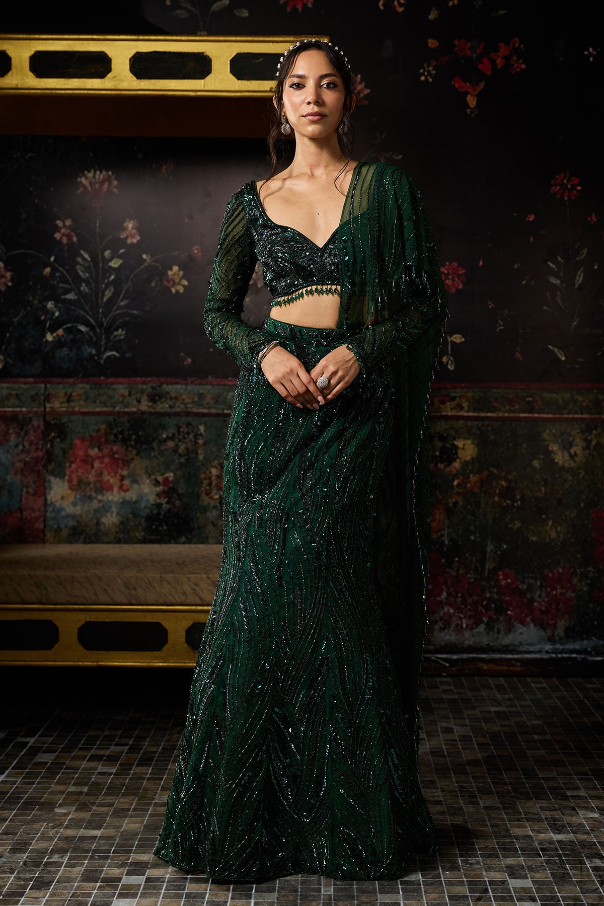 Chandni in Emerald Green Embellished Mermaid Skirt Saree Set.