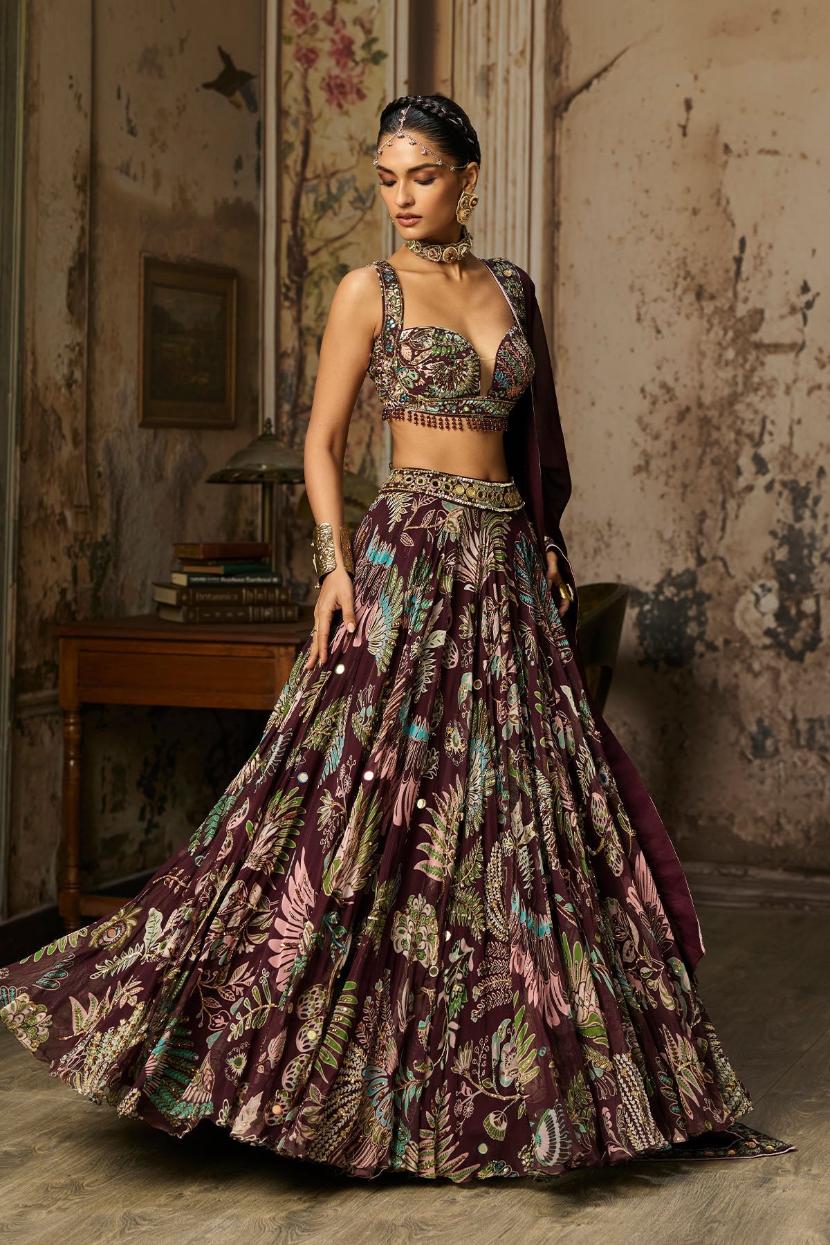 Plum Printed And Highlighted Lehenga Set