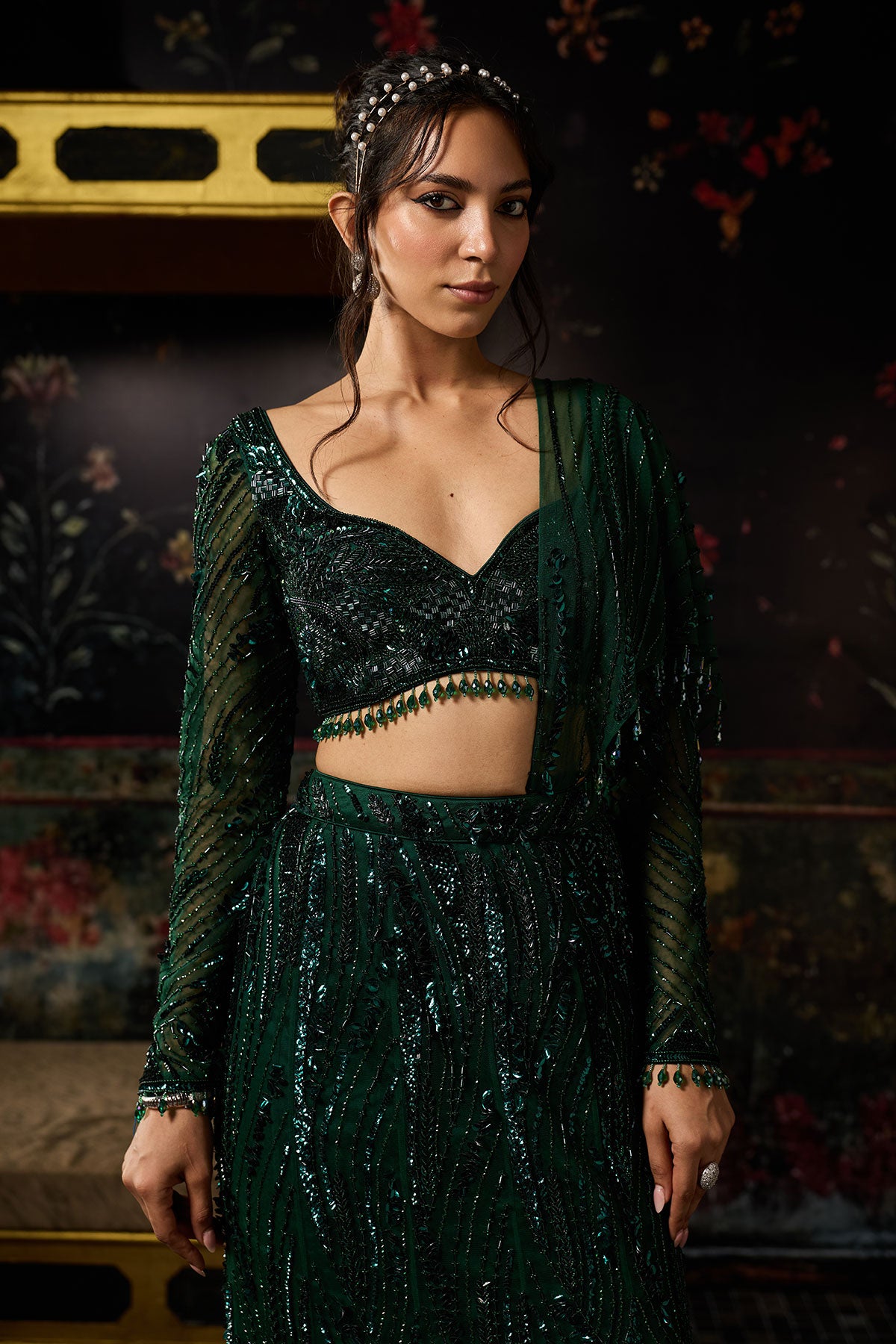 Chandni in Emerald Green Embellished Mermaid Skirt Saree Set.