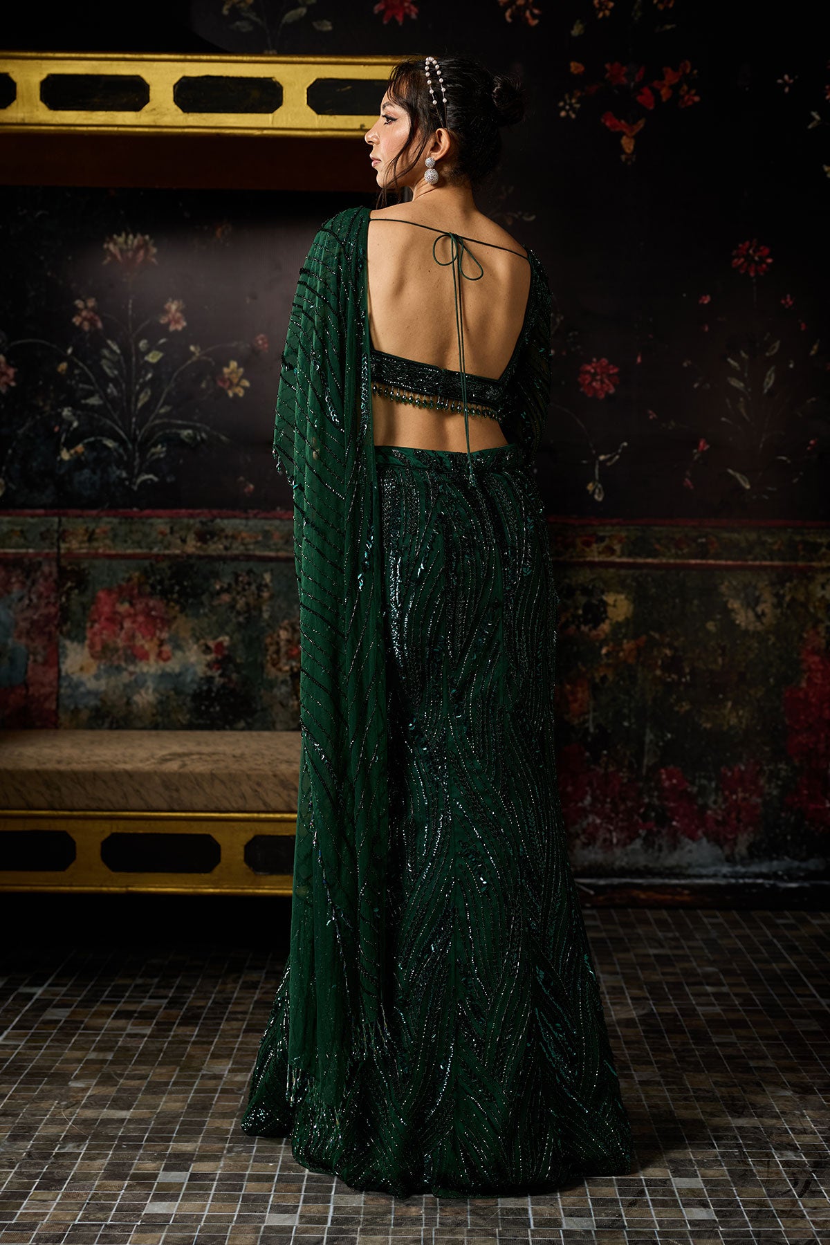 Chandni in Emerald Green Embellished Mermaid Skirt Saree Set.