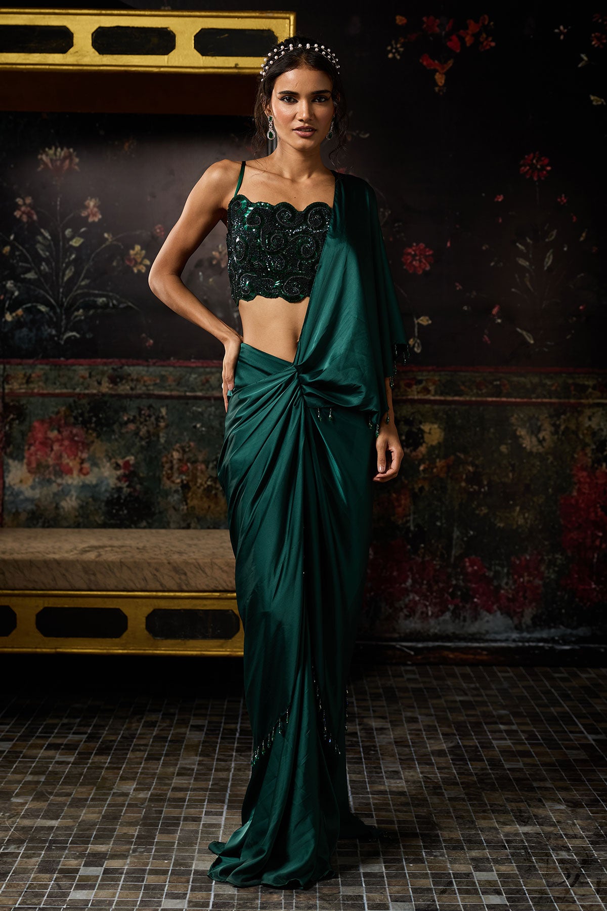 Emerald Green Embellished Dhoti Skirt Saree Set