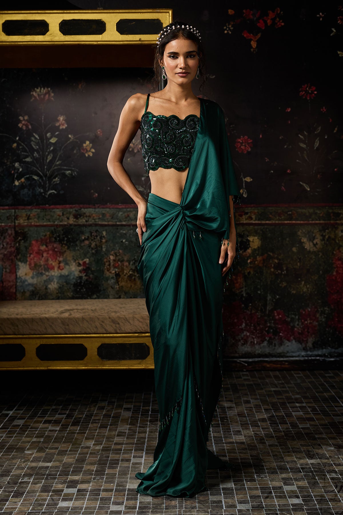 Emerald Green Embellished Dhoti Skirt Saree Set