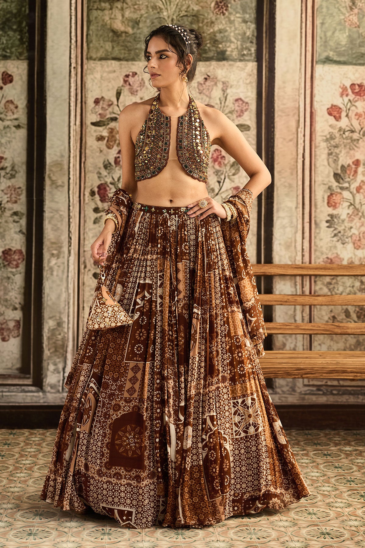 Caramel Embroidered Halter Blouse With Printed Lehenga Set