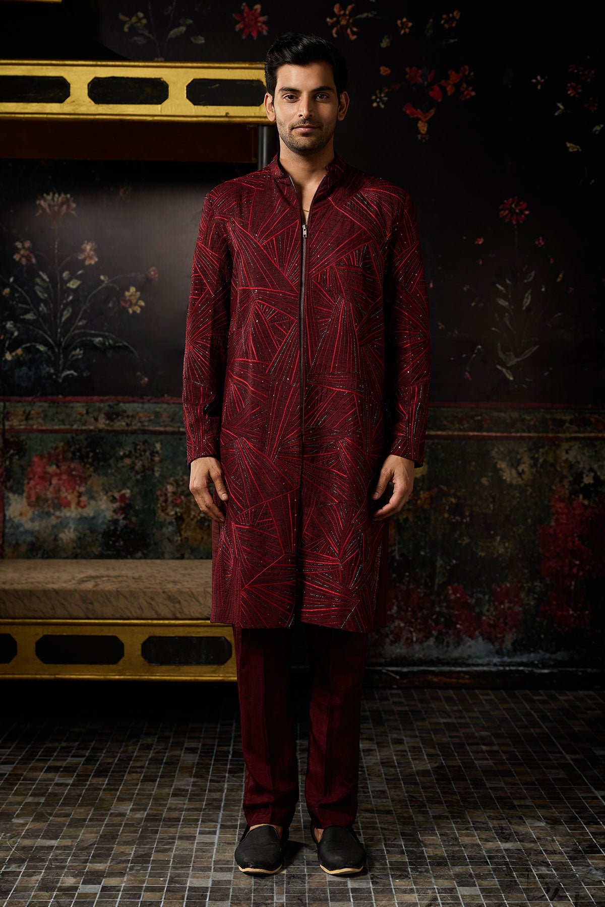 Maroon Embroidered Jacket Set & Pants