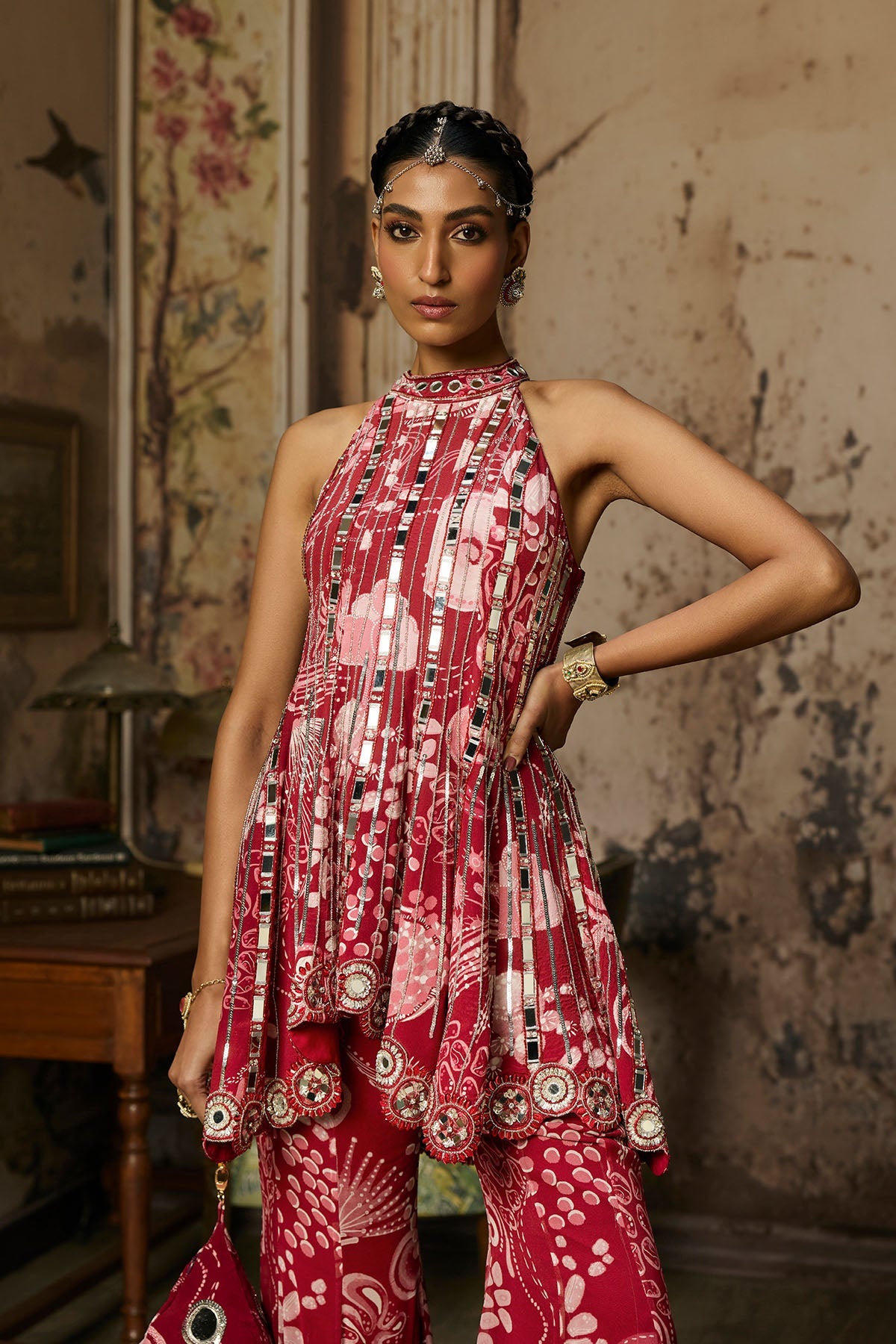 Scarlet Red Printed And Highlighted Peplum Set