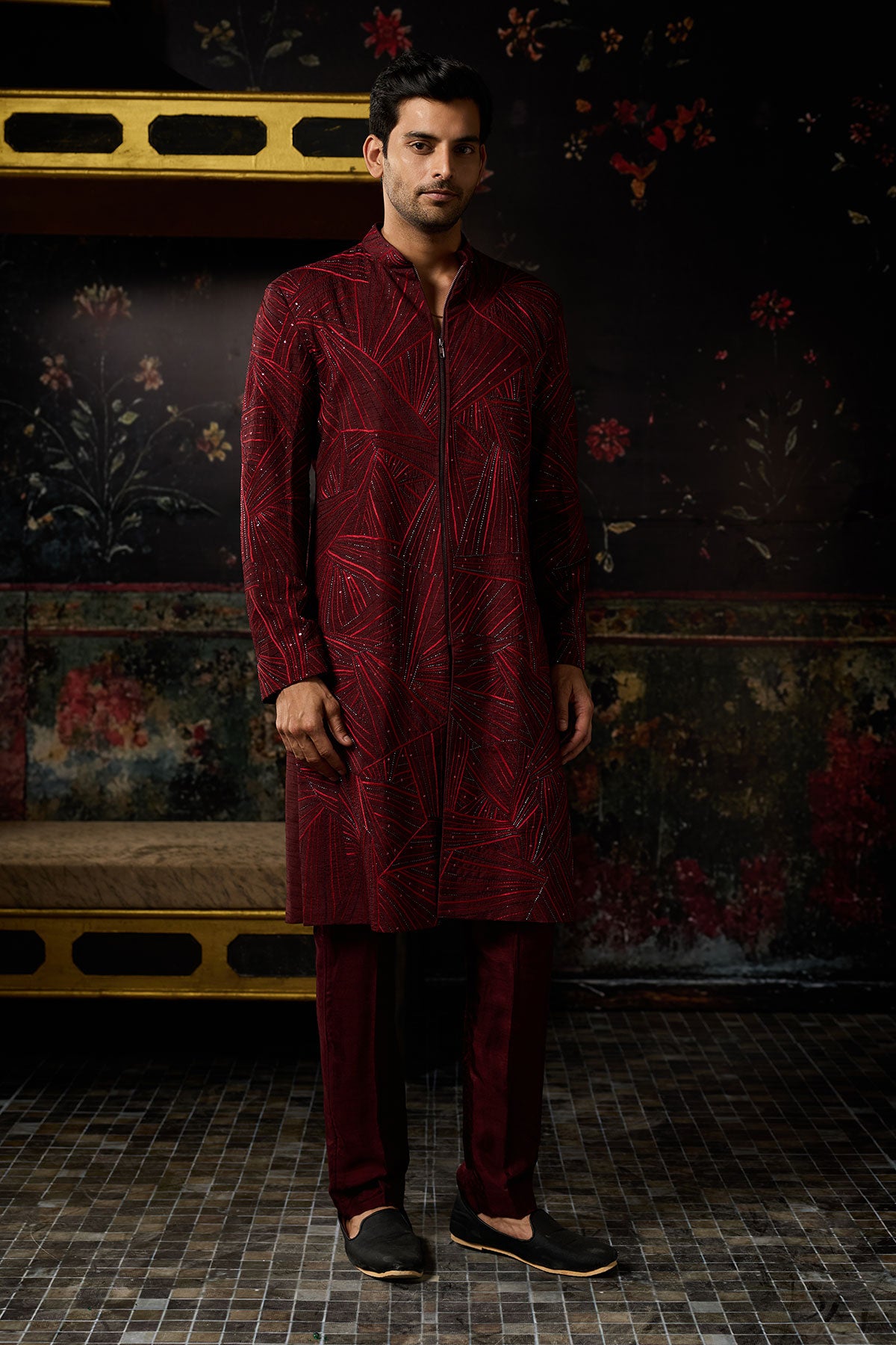 Maroon Embroidered Jacket Set & Pants