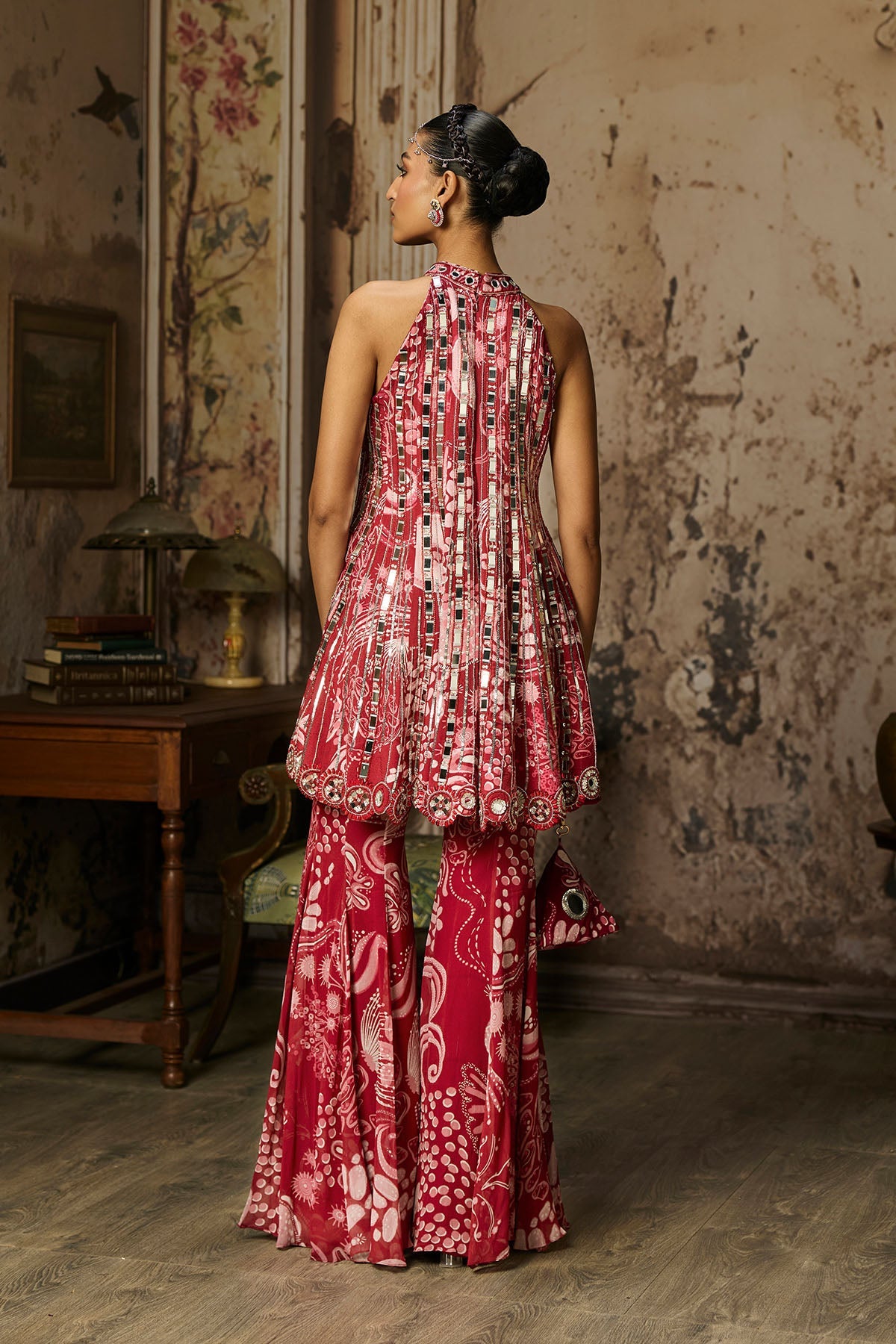 Scarlet Red Printed And Highlighted Peplum Set