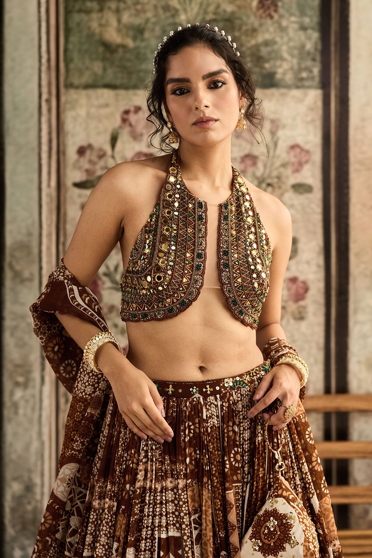 Aloisrai in Caramel Embroidered Halter Blouse With Printed Lehenga Set