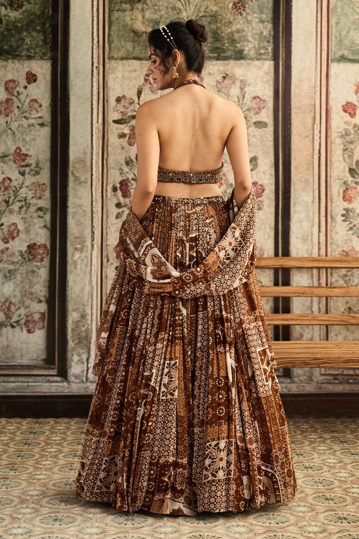 Aloisrai in Caramel Embroidered Halter Blouse With Printed Lehenga Set