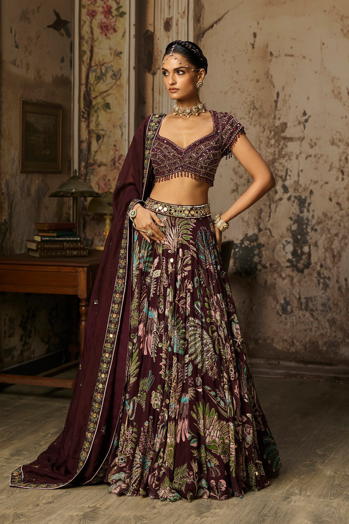 Plum Embroidered Blouse With Printed Lehenga Set