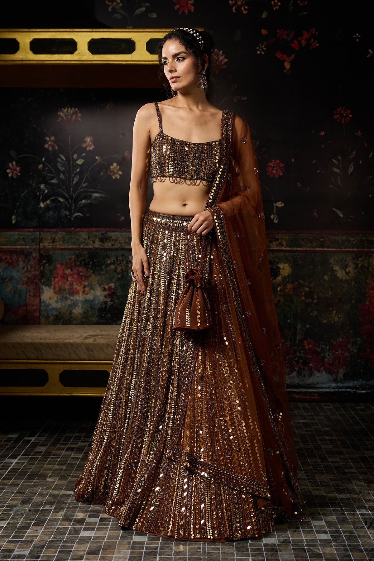 Metallic Gold Embellished Mirrorwork Lehenga Set