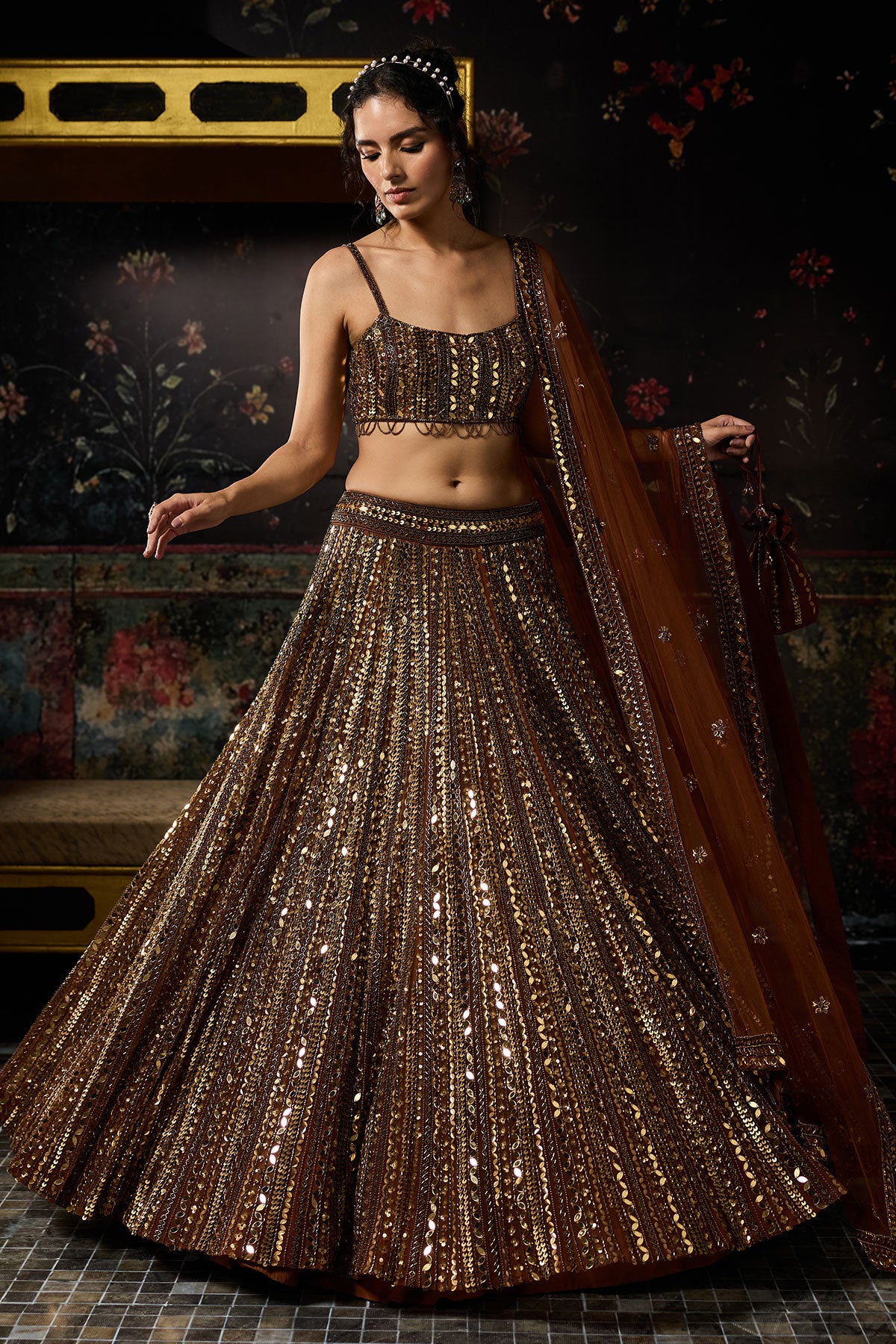 Metallic Gold Embellished Mirrorwork Lehenga Set