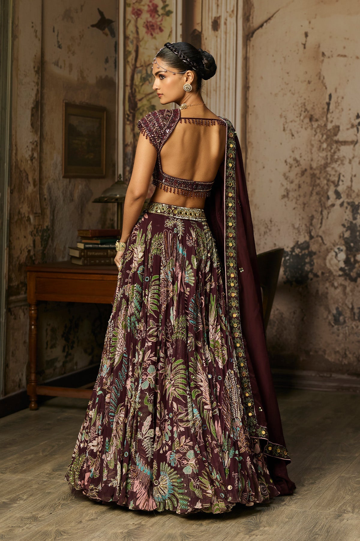 Plum Embroidered Blouse With Printed Lehenga Set