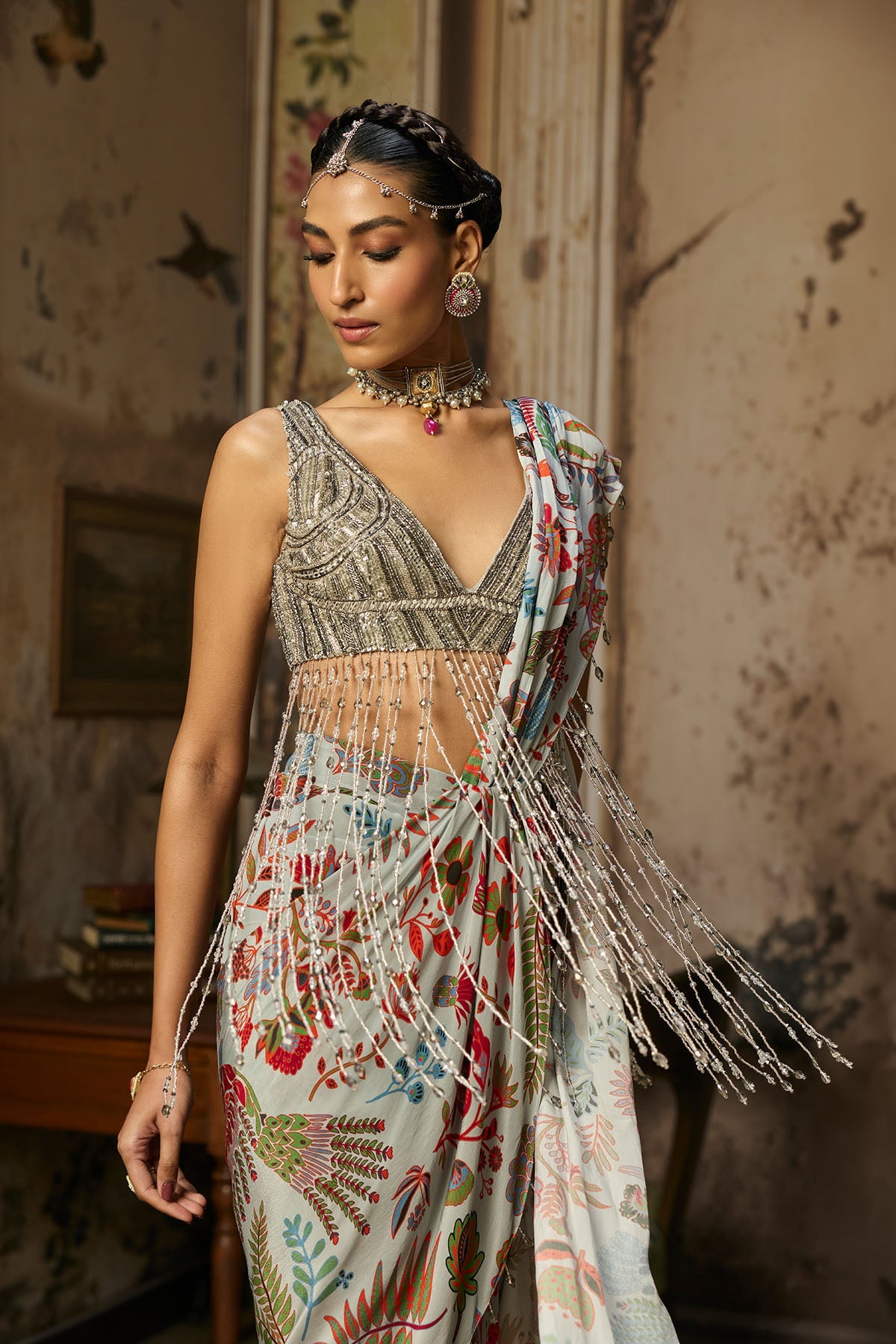 Slate Grey Embroidered Blouse With Dhoti Skirt Saree Set