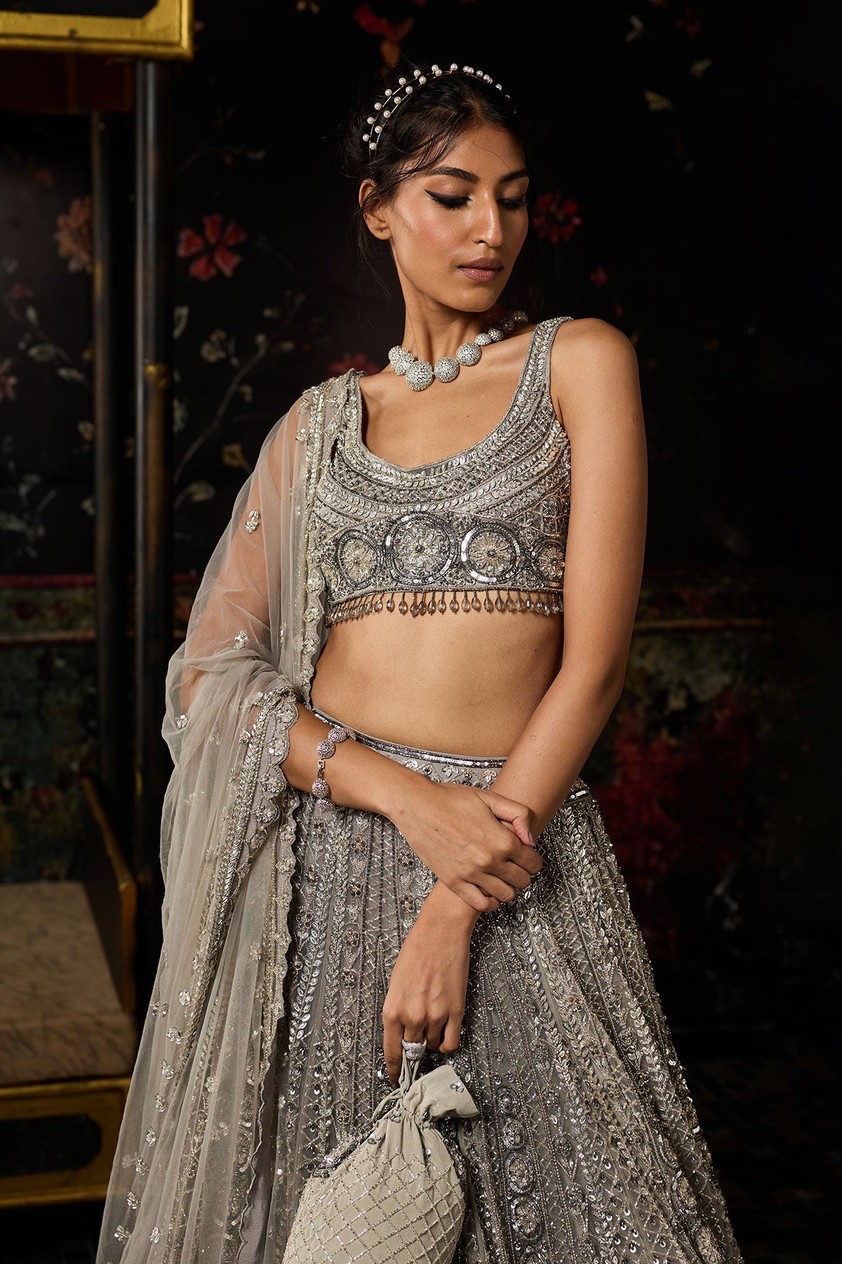 Grey Gunmetal Embellished Arc Circle Lehenga Set