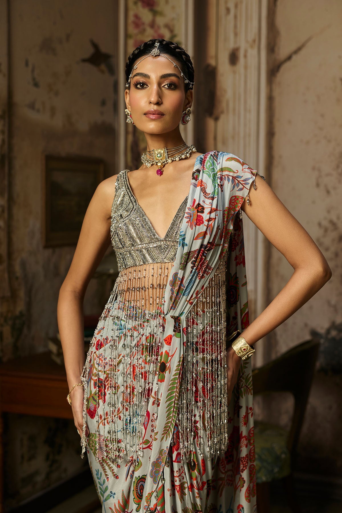 Slate Grey Embroidered Blouse With Dhoti Skirt Saree Set