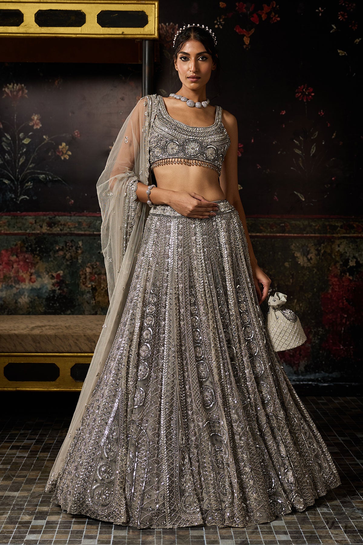 Grey Gunmetal Embellished Arc Circle Lehenga Set